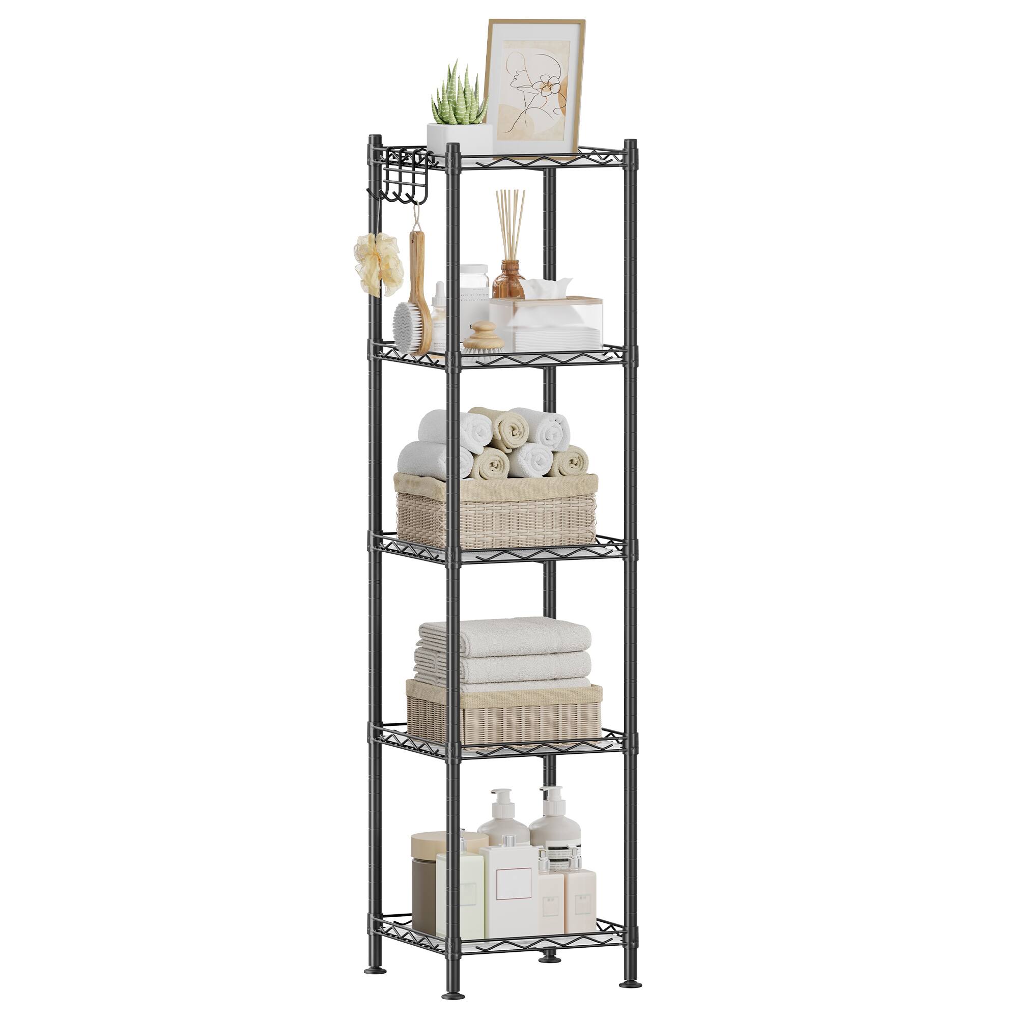 Front. Songmics Home - 5-Tier Bathroom Shelf, Storage Rack for Small Space, with 5 PP Shelf Liners, Removable Hook, Extendable Design - Ink Black and Translucent.