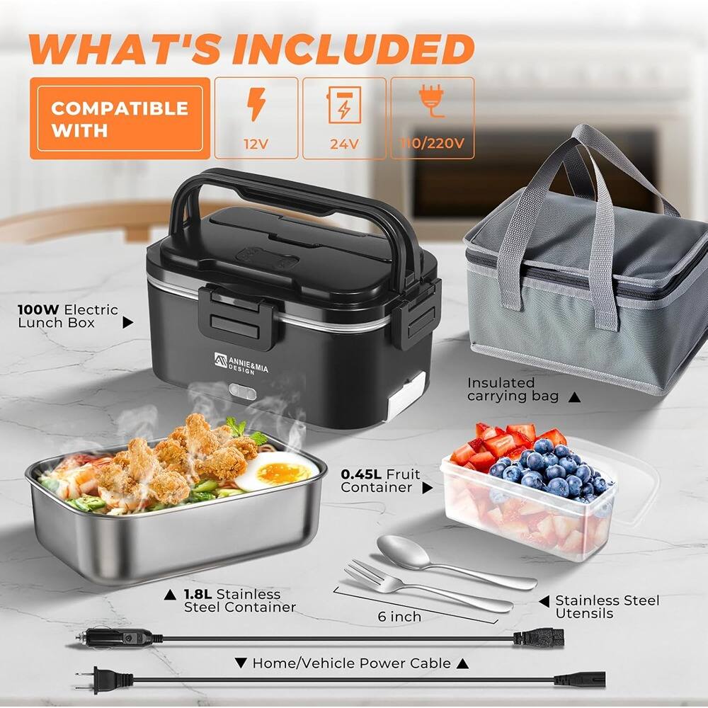 **WHAT'S INCLUDED**

- **COMPATIBLE WITH**
  - 12V
  - 24V
  - 110/220V

- **100W Electric Lunch Box**

- **Insulated carrying bag**

- **0.45L Fruit Container**

- **1.8L Stainless Steel Container**

- **6 inch Stainless Steel Utensils**

- **Home/Vehicle Power Cable**