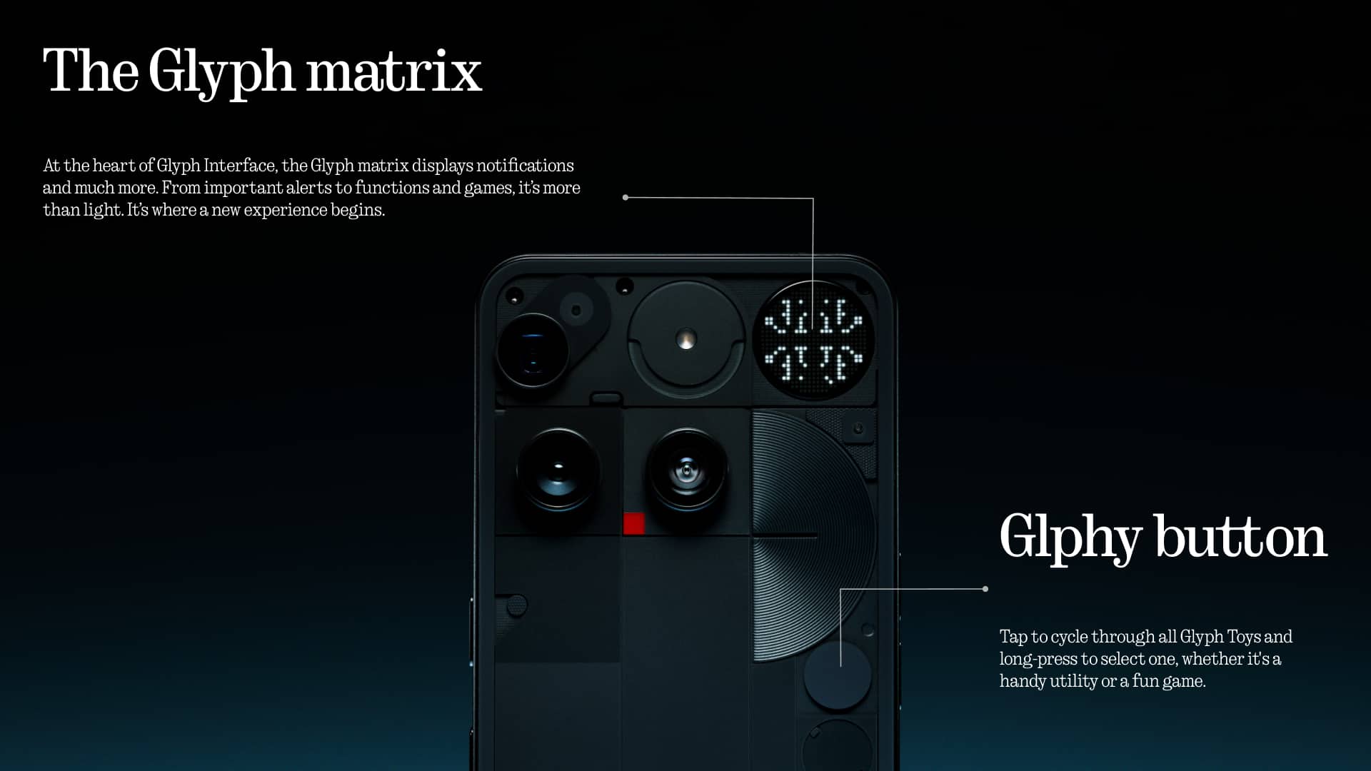 The Glyph matrix
At the heart of Glyph Interface, the Glyph matrix displays notifications and much more. From important alerts to functions and games, it's more than light. It's where a new experience begins.
Glyphy button
Tap to cycle through all Glyph Toys and long-press to select one, whether it's a handy utility or a fun game.