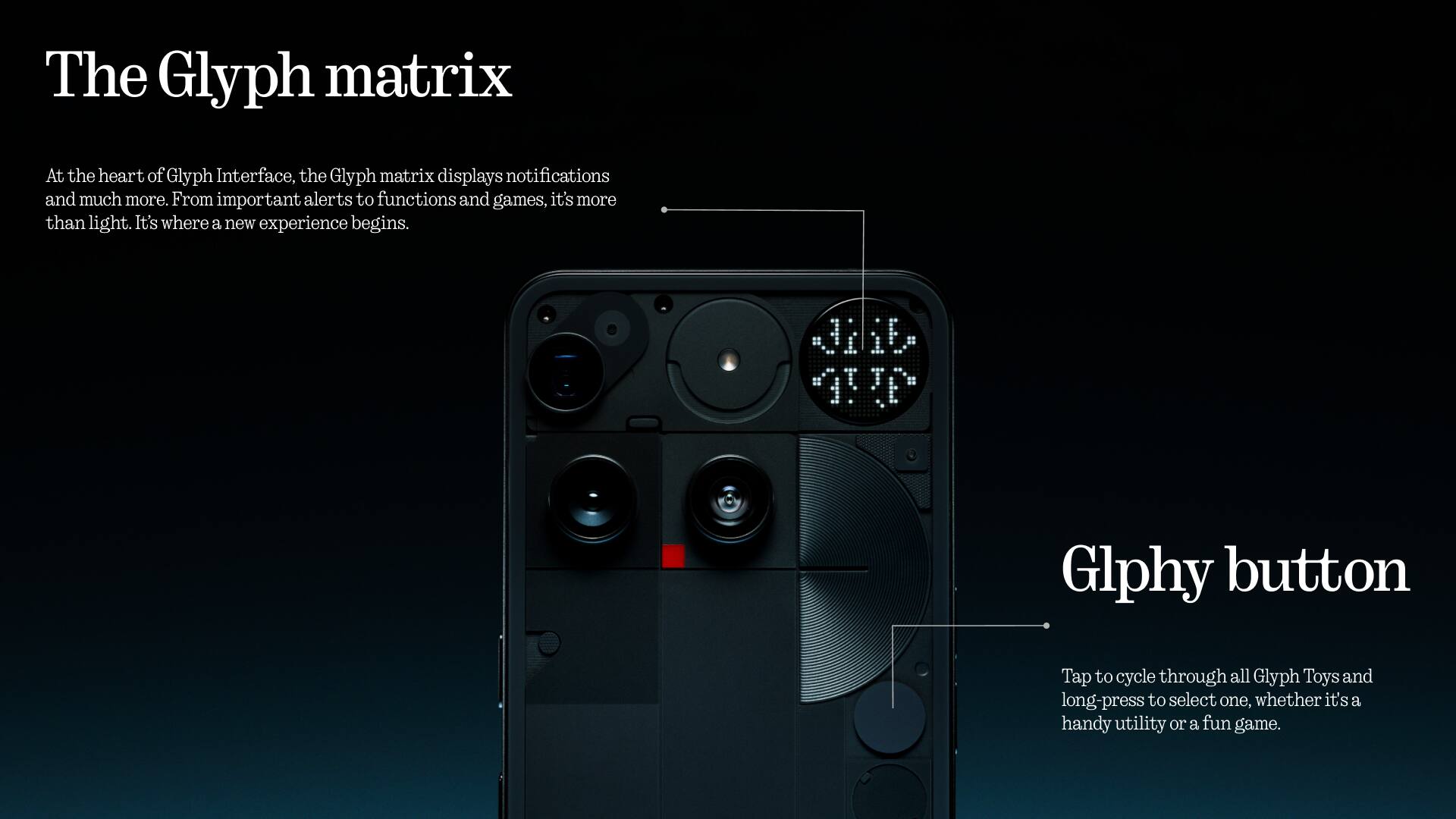 The Glyph matrix

At the heart of Glyph Interface, the Glyph matrix displays notifications and much more. From important alerts to functions and games, it's more than light. It's where a new experience begins.

Glyphy button

Tap to cycle through all Glyph Toys and long-press to select one, whether it's a handy utility or a fun game.