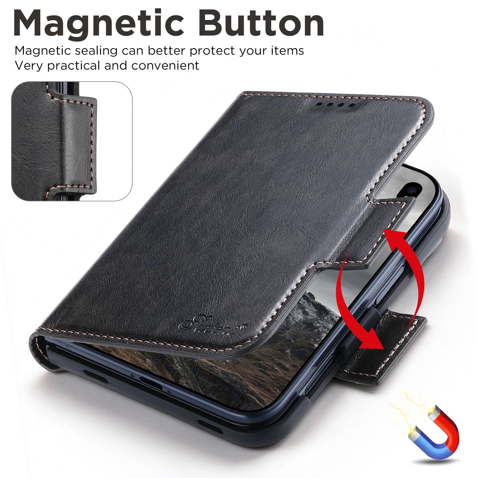 Magnetic Button  
Magnetic sealing can better protect your items  
Very practical and convenient