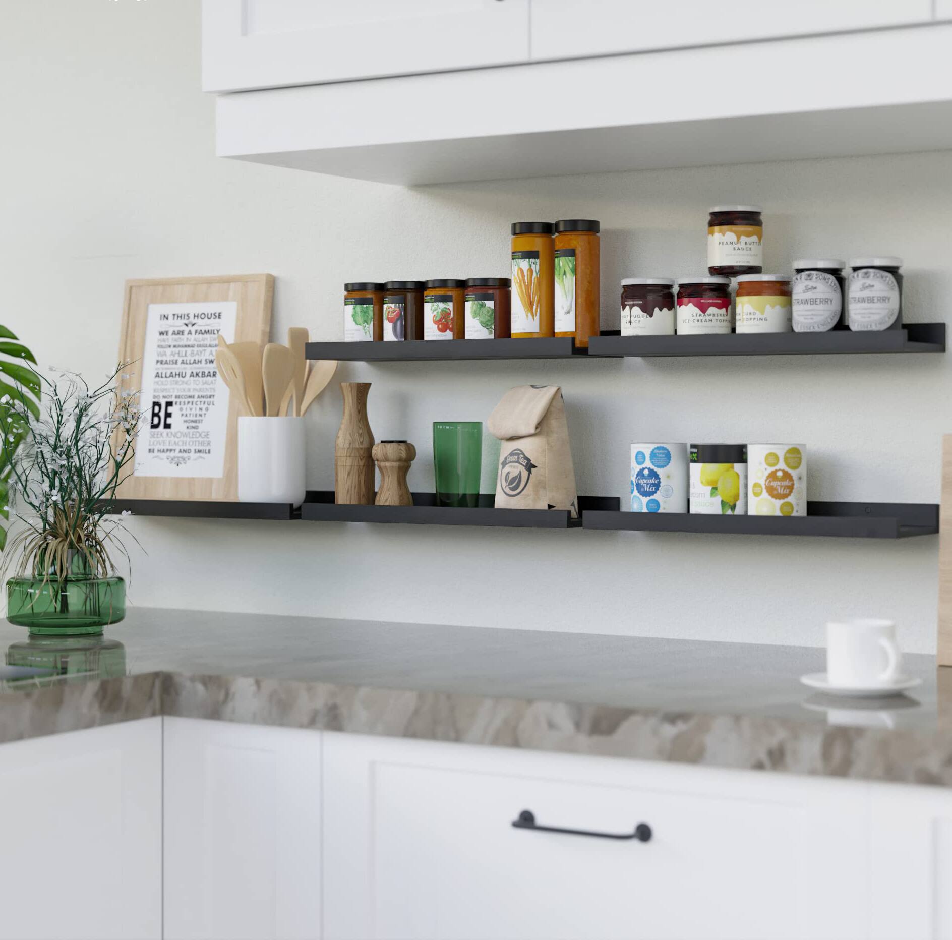 IN THIS HOUSE  
WE ARE A FAMILY  
PEACE ALLAH SW  
ALLAHU AKBAR  
BE REFLECTIVE  
BE PATIENT  
BE KIND  
BE HAPPY AND SMILE