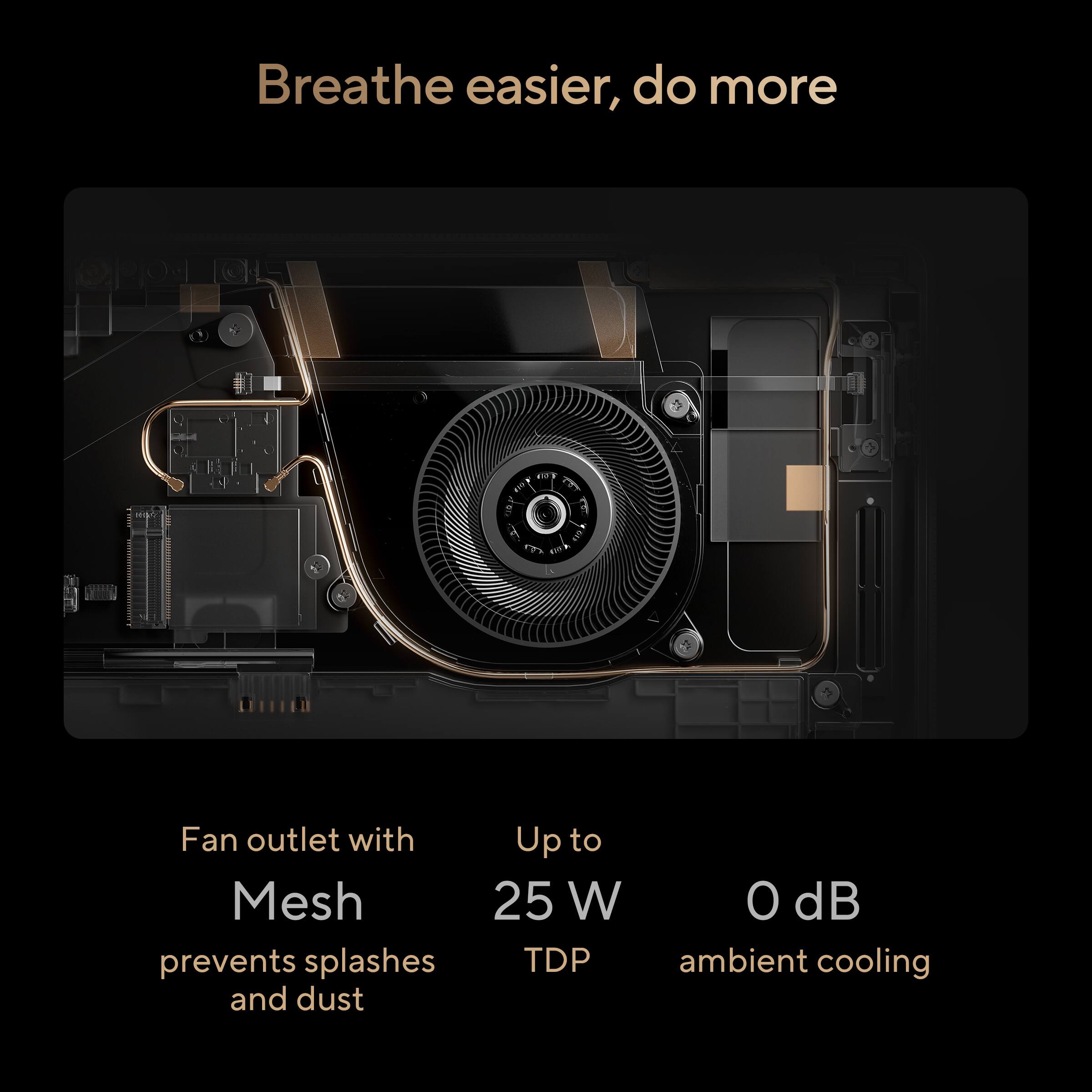 Breathe easier, do more

Fan outlet with Mesh prevents splashes and dust

Up to 25 W TDP

0 dB ambient cooling