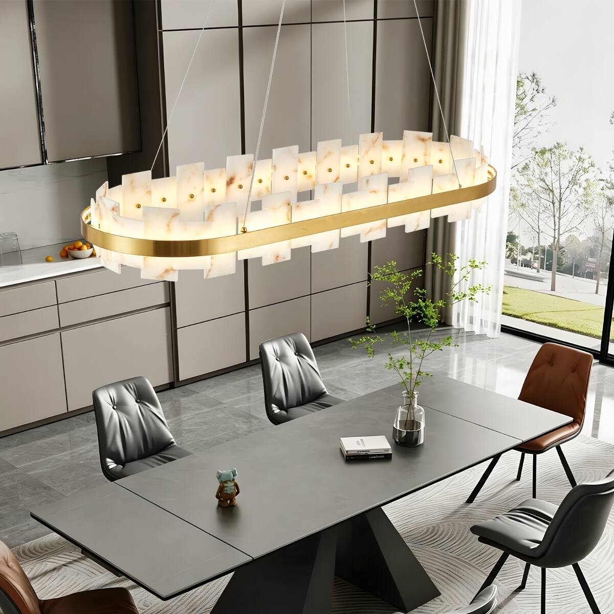 Loheer Alabaster Rectangle Chandelier, Gold Iron Frame, Adjustable ...