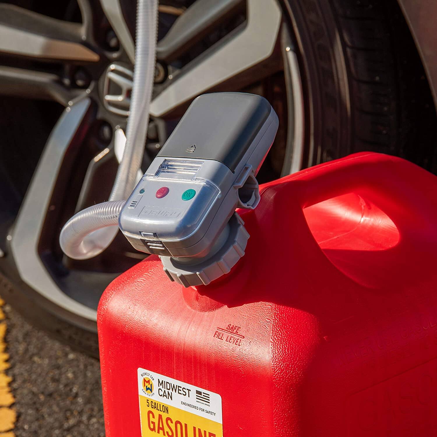 SAFE FILL LEVEL, MIDWEST CAN 5 GALLON ENGINEERED FOR SAFETY, GASOLINE