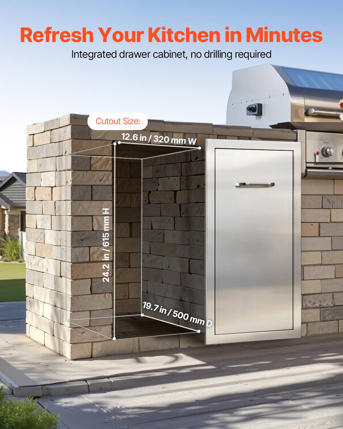 Refresh Your Kitchen in Minutes  
Integrated drawer cabinet, no drilling required  

Cutout Size:  
12.6 in / 320 mm W  
24.2 in / 615 mm H  
19.7 in / 500 mm D