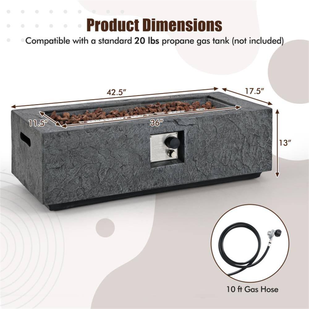 Product Dimensions  
Compatible with a standard 20 lbs propane gas tank (not included)  
42.5" x 17.5" x 11.5" x 36" x 13"  
10 ft Gas Hose