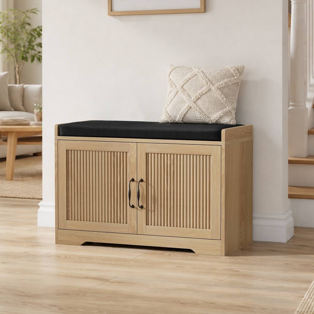 Alt View 4. Ropilly - Ropilly 31.5-Inch Oak Entryway Shoe Bench, Double Door Shoe Storage Cabinet with Cushioned Seat for Hallway - Oak.