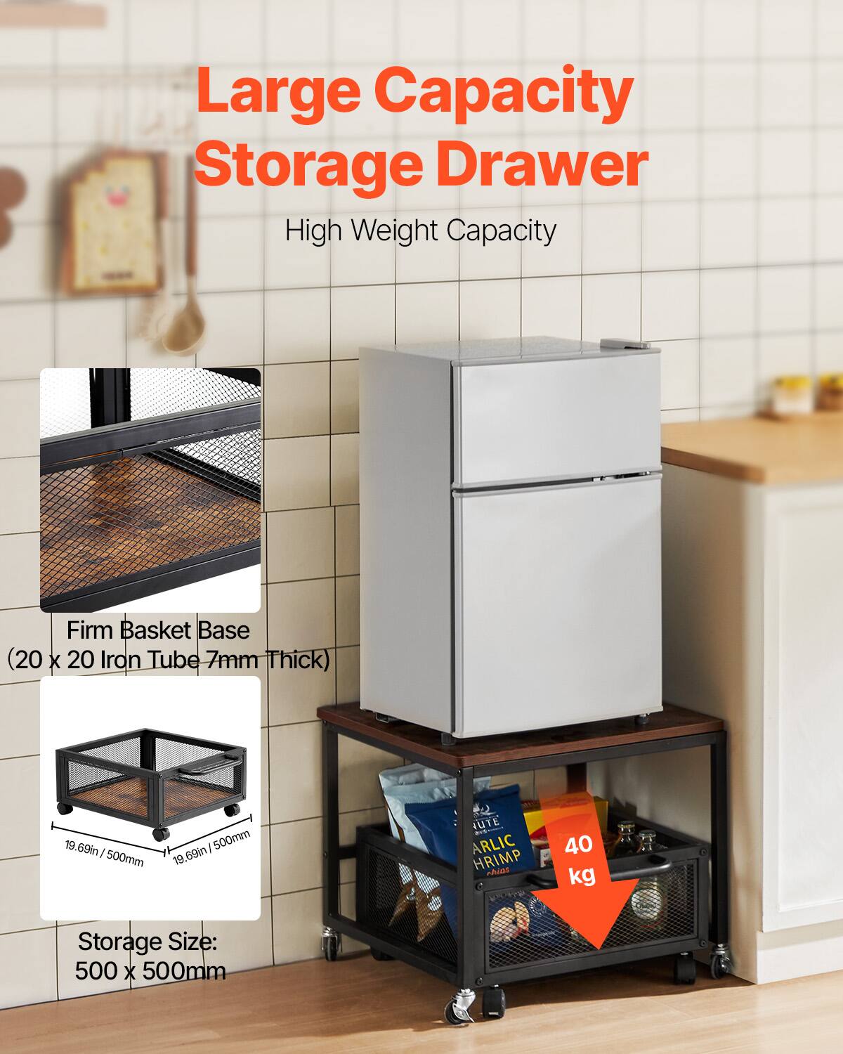 Large Capacity Storage Drawer, High Weight Capacity, Firm Basket Base (20 X 20 Iron Tube 7mm Thick), 19.69in / 500mm : 500mm, 19.69in, 40 kg, Storage Size: 500 X 500mm