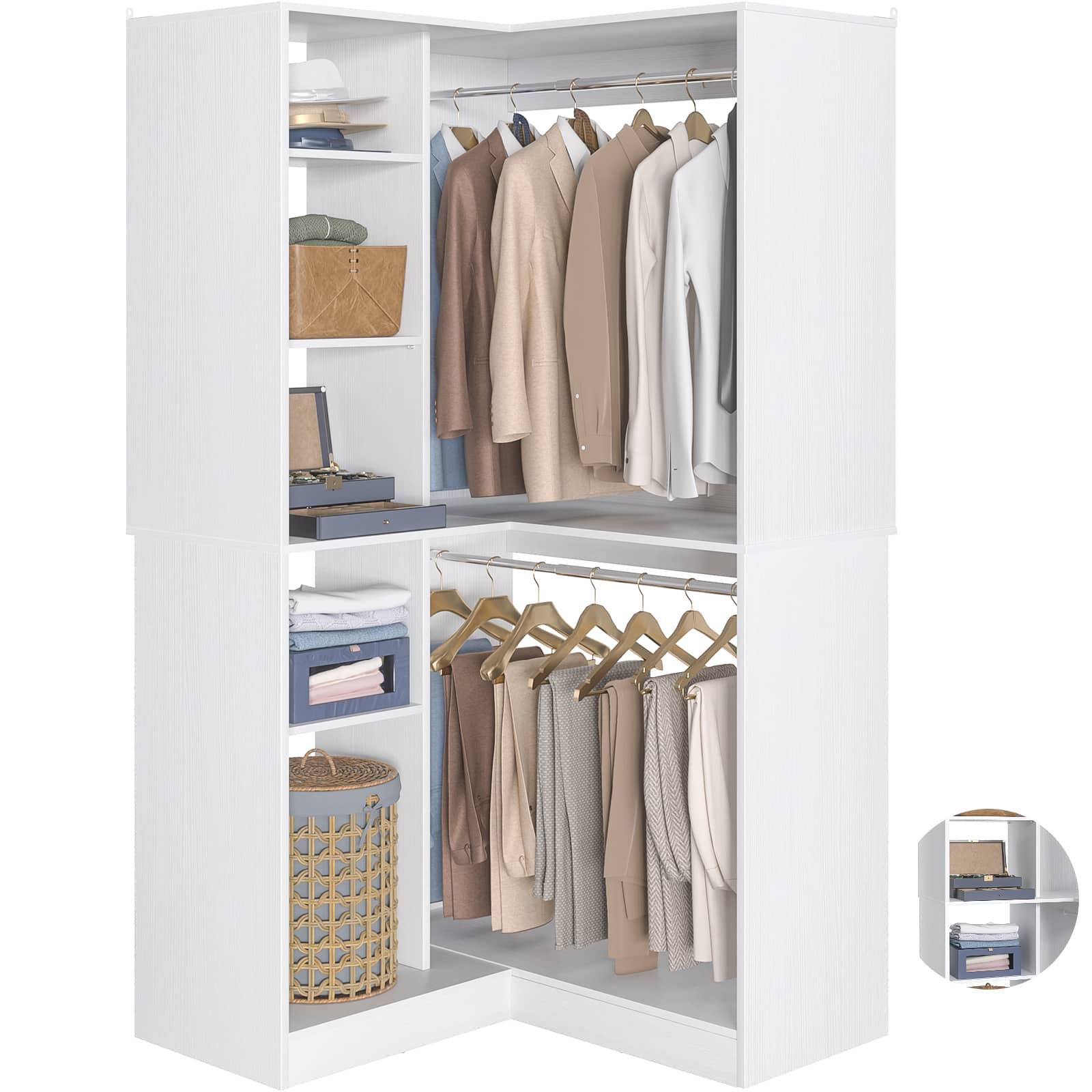 Aheaplus - 36"Corner Closet Organizer: Freestanding System With 2 Rods & 8 Shelves (36"W x 16"D x 80"H) - White