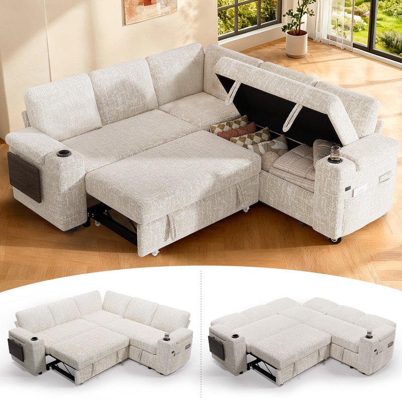 Dyonery - 85 "Modular sofa, with pull-out bed, 5-seat sofa, adjustable backrest, with storage, tool-free assembly - Beige