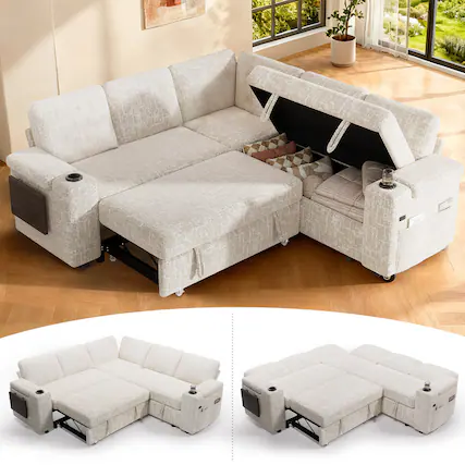 Front. Dyonery - 85" Modular 5 Seat L Shaped Couch with Reclining Backrest|USB Ports|Cup Holders|Side Table|Storage Chaise Armrests - Beige.