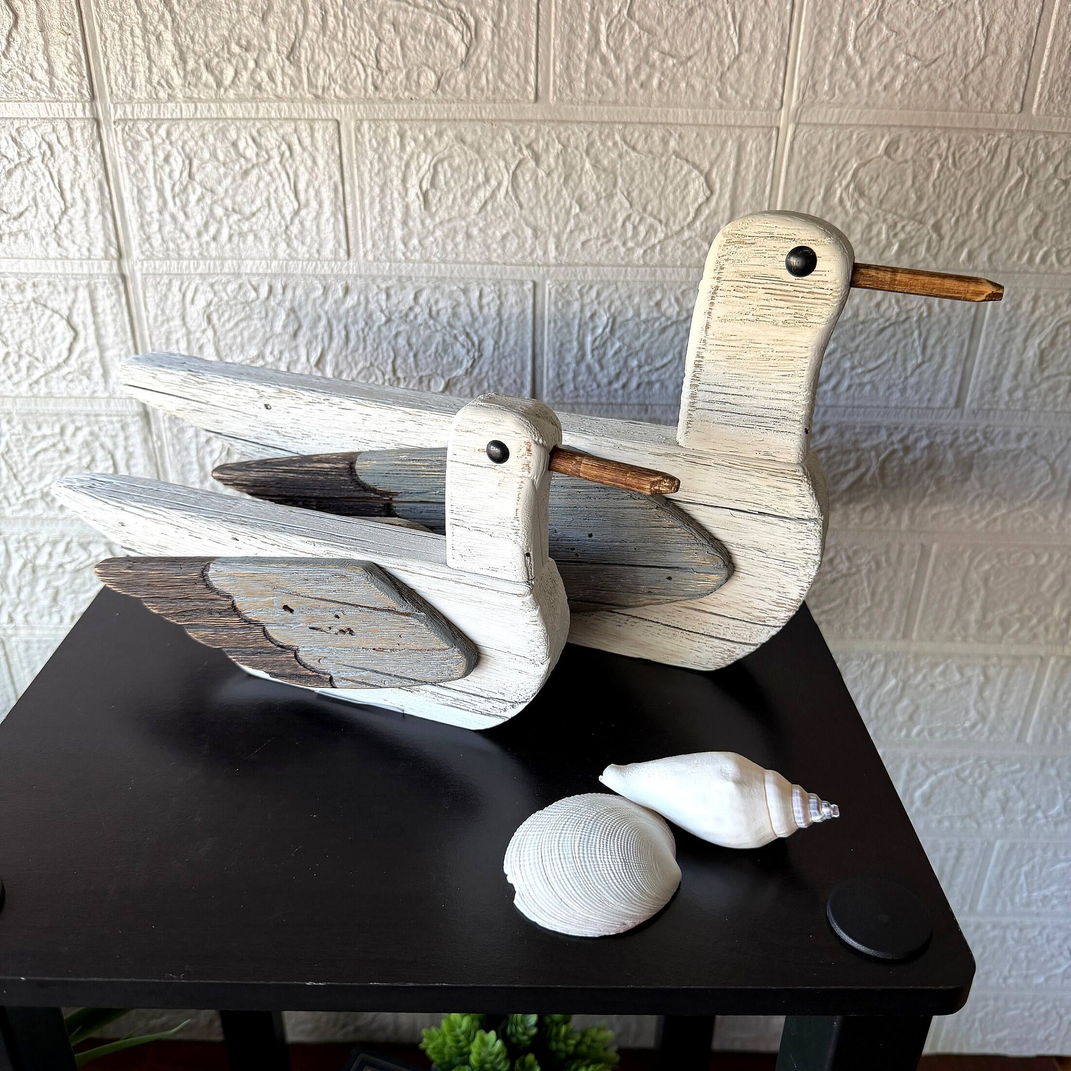 Alt View 3. Things2Die4 - Wooden Seagull Statues Set of 2 Coastal White Bird Shelf Decor 7.5 In - White.