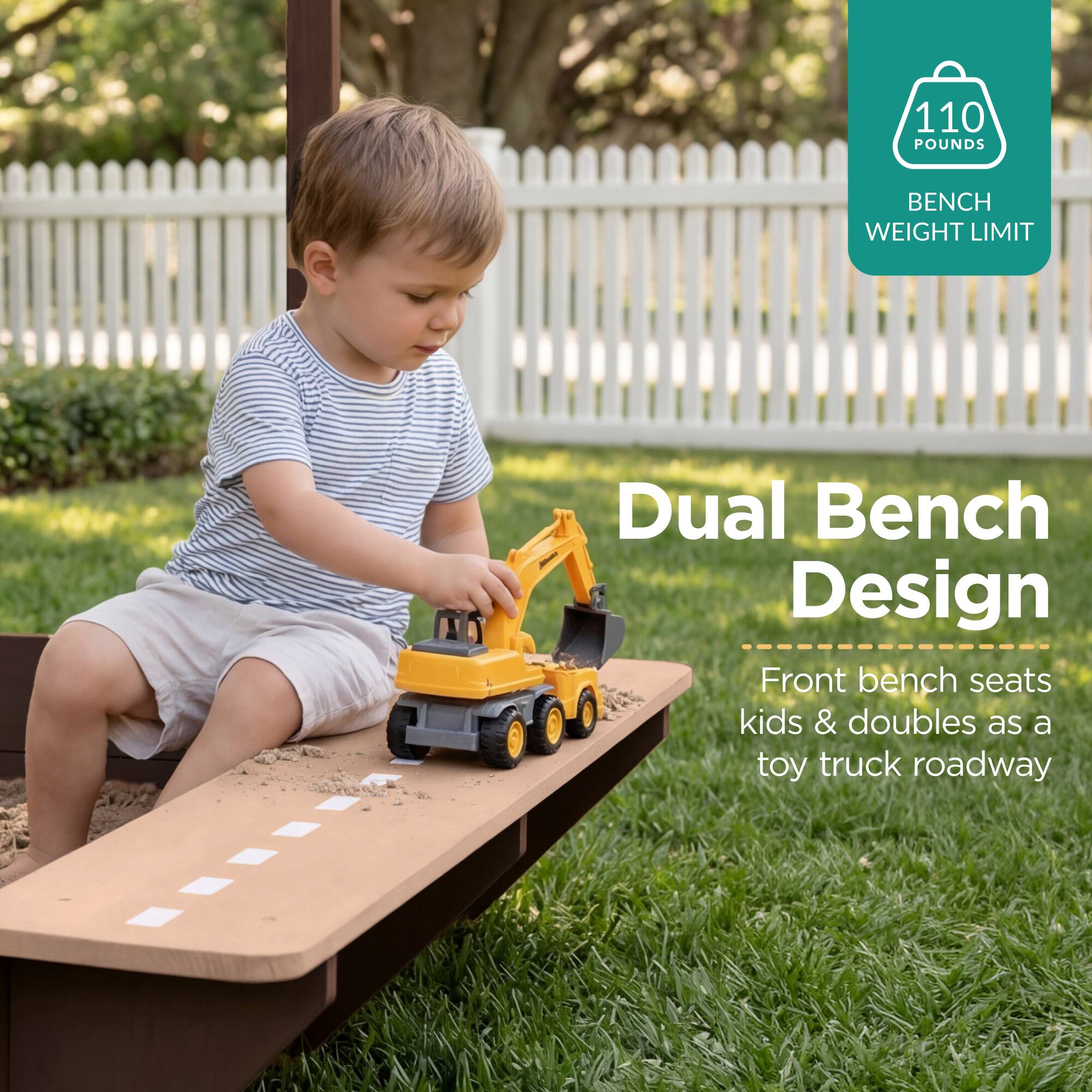 110 POUNDS BENCH WEIGHT LIMIT

Dual Bench Design

Front bench seats kids & doubles as a toy truck roadway