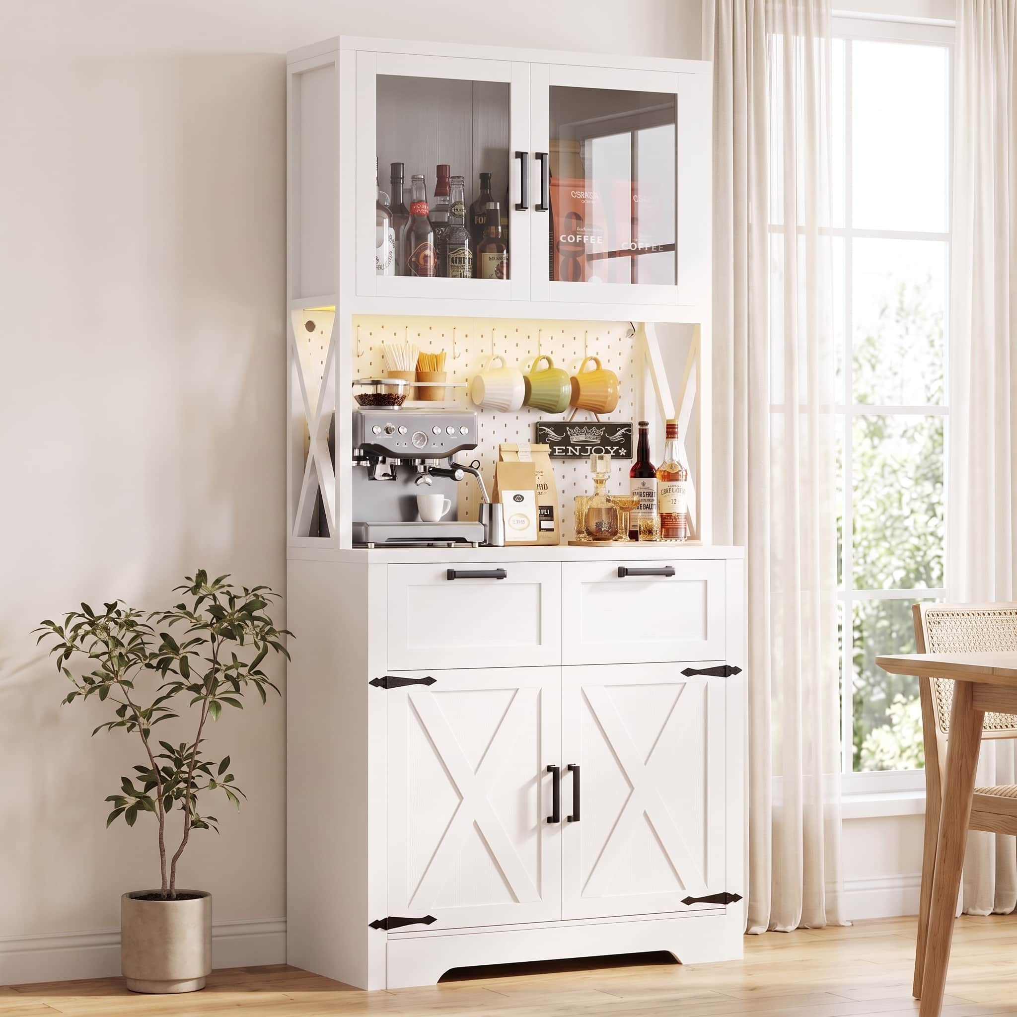 Aheaplus - 71'' Tall Pantry Cabinet with Power Outlets & LED Light, Storage Cabinet with 2 Drawers & DIY Pegboard - White