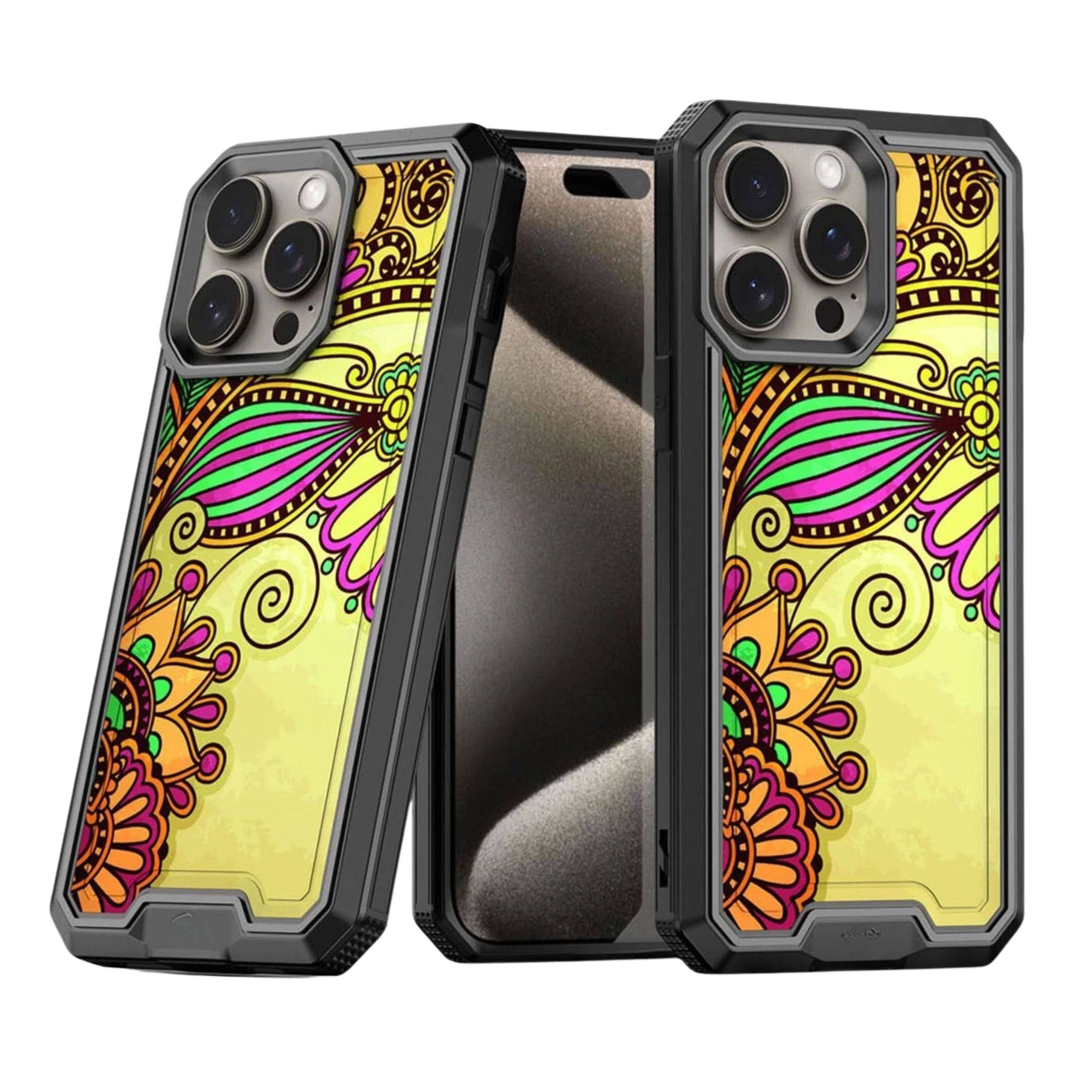 Front. Kitcheniva - Printed Fused Hybrid Case With 2 Pcs Tempered Glass For iPhone 15 Pro Antique Flower - Multicolor.