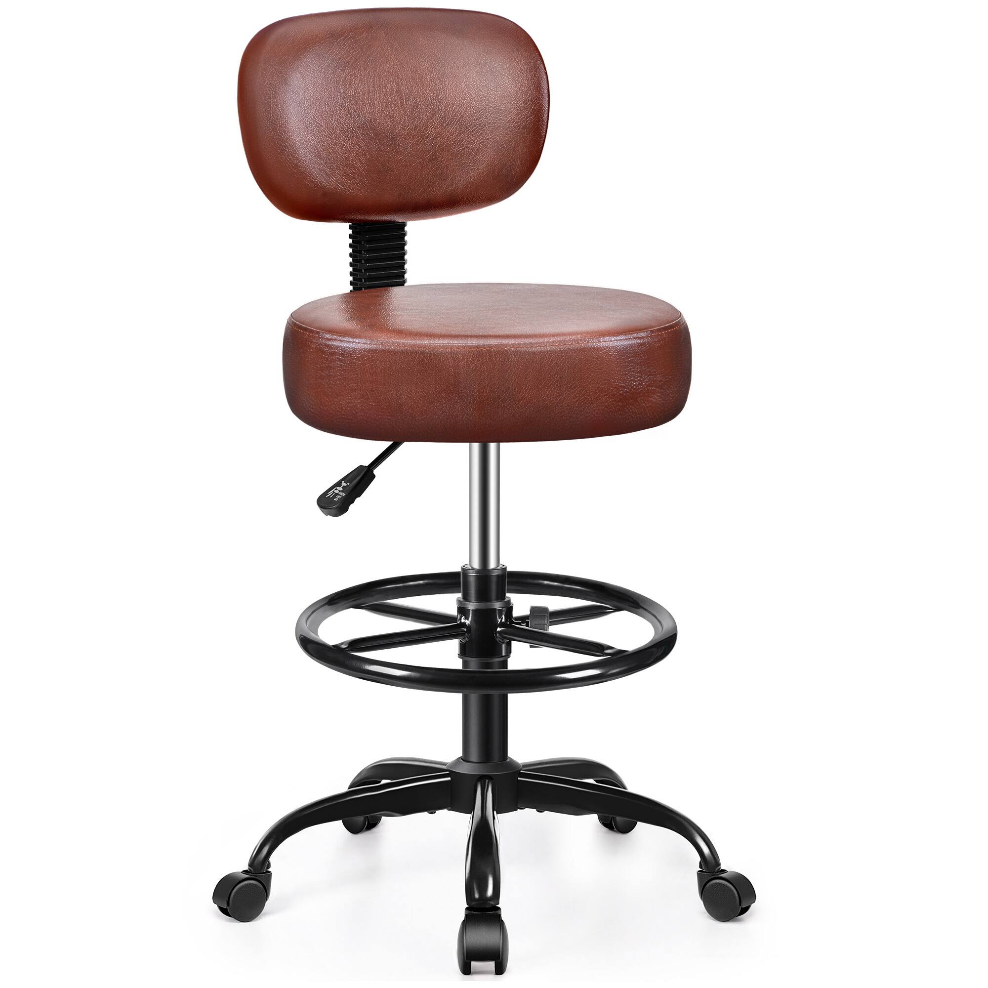 Front. Brick Attic - Drafting Chair with Backrest, PU Leather Adjustable Foot Rest Stool with Wheels for Office Spa Studio Lab Counter Salon - Brown.