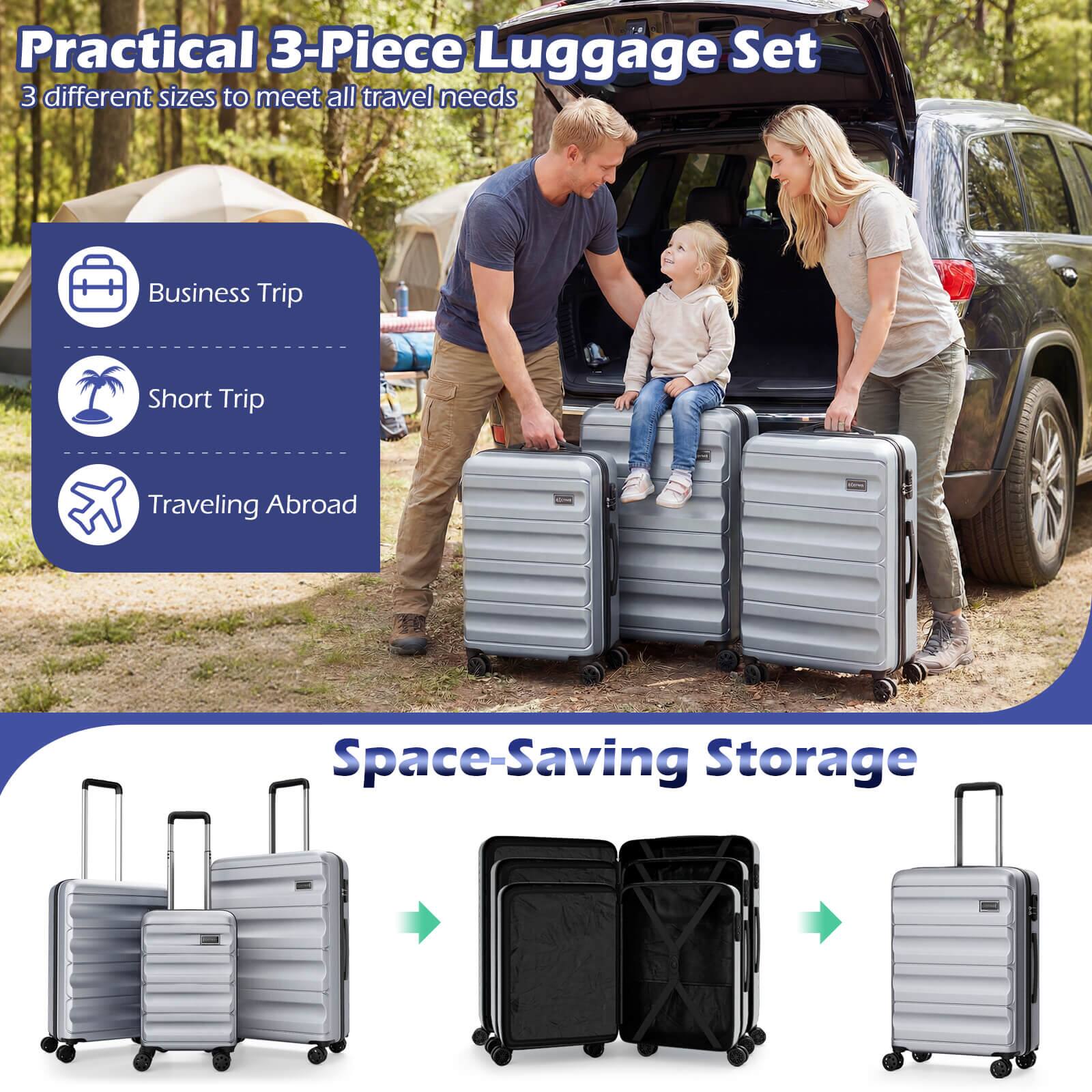 Practical 3-Piece Luggage Set  
3 different sizes to meet all travel needs  

- Business Trip  
- Short Trip  
- Traveling Abroad  

Space-Saving Storage