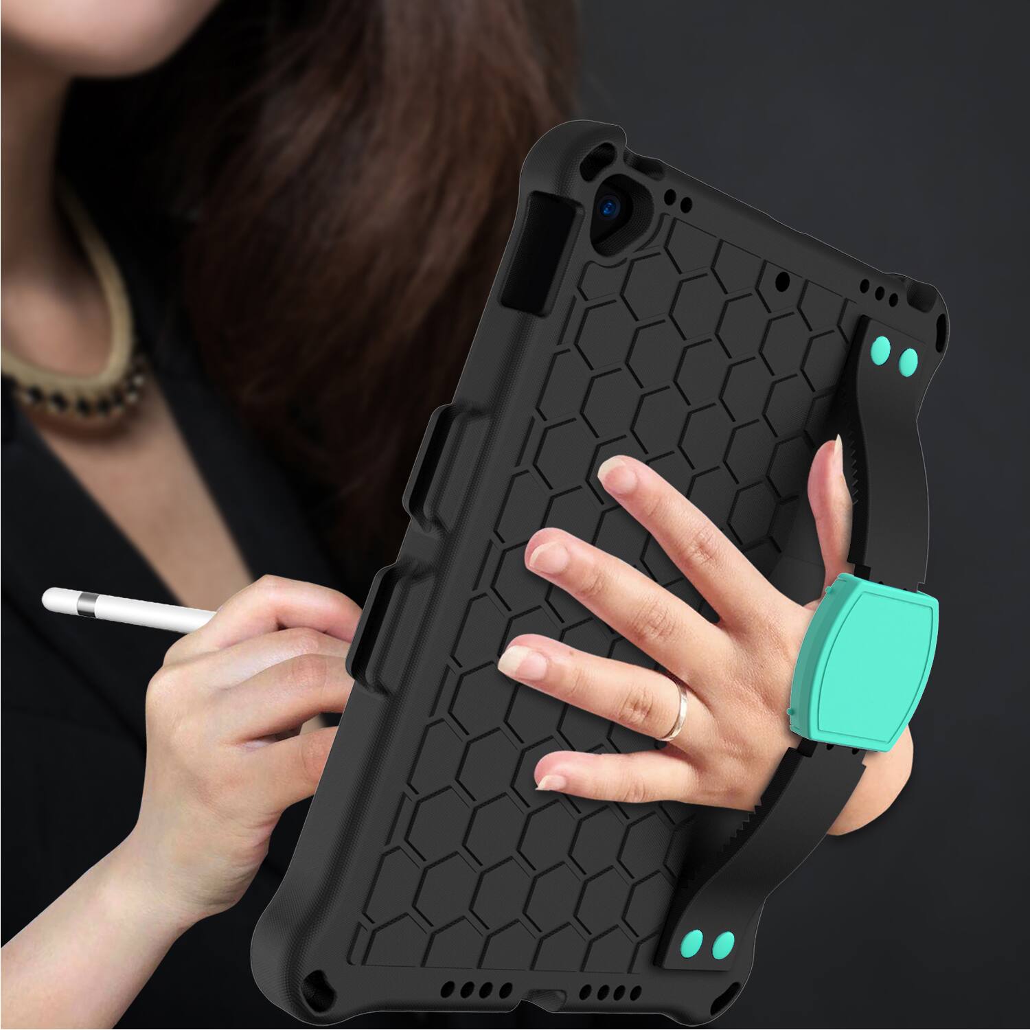 Alt View 1. UUCOVER - Kids Case for iPad 9th 8th 7th Gen 10.2-inch (2021/2020/2019) Shockproof EVA+TPU Stand Cover with Shoulder Strap - Black + Mint.