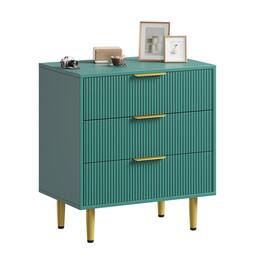 Acekool - Fluted Dresser for Bedroom with 3 Drawers, Wooden Chest of Drawers with Metal Handle & Feet - Green