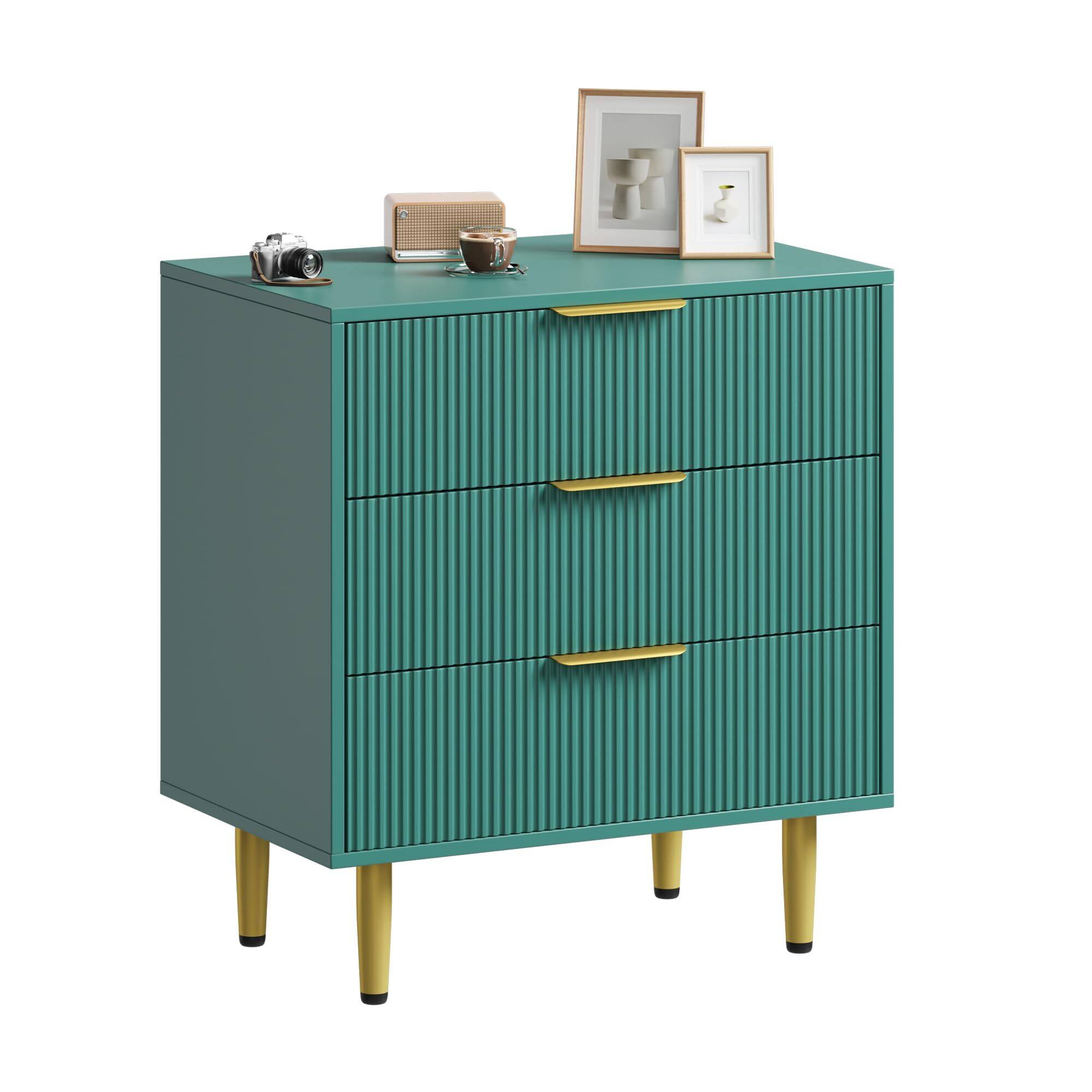 Front. Acekool - Fluted Dresser for Bedroom with 3 Drawers, Wooden Chest of Drawers with Metal Handle & Feet - Green.