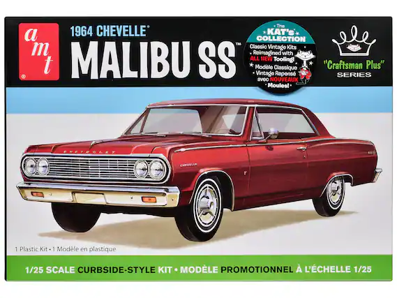 The 1964 CHEVELLE MALIBU SS
a m t
The KAT'S COLLECTION
Classic Vintage Kits Reimagined with ALL NEW Tooling!
Model Classique "Craftsman Plus" R Vintage Repens SERIES avec NOUVEAUX Moules!
1 Plastic Kit • 1 Modèle en plastique
1/25 SCALE CURBSIDE-STYLE KIT • MODÈLE PROMOTIONNEL À L'ÉCHELLE 1/25