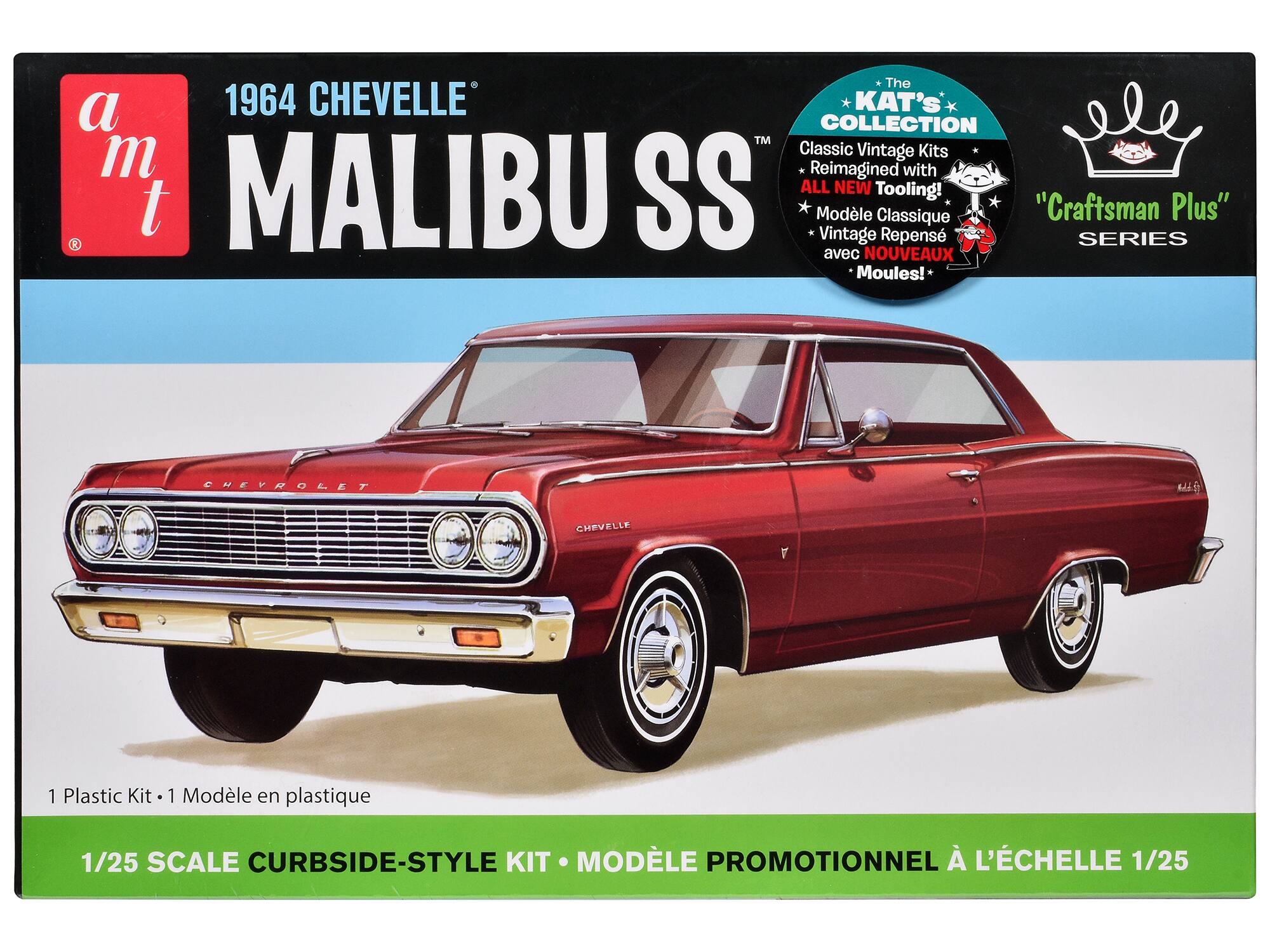 The 1964 CHEVELLE MALIBU SS  
a m t  

The KAT'S COLLECTION  
Classic Vintage Kits Reimagined with ALL NEW Tooling!  
Model Classique "Craftsman Plus" R Vintage Repens SERIES avec NOUVEAUX Moules!  

1 Plastic Kit • 1 Modèle en plastique  

1/25 SCALE CURBSIDE-STYLE KIT • MODÈLE PROMOTIONNEL À L'ÉCHELLE 1/25
