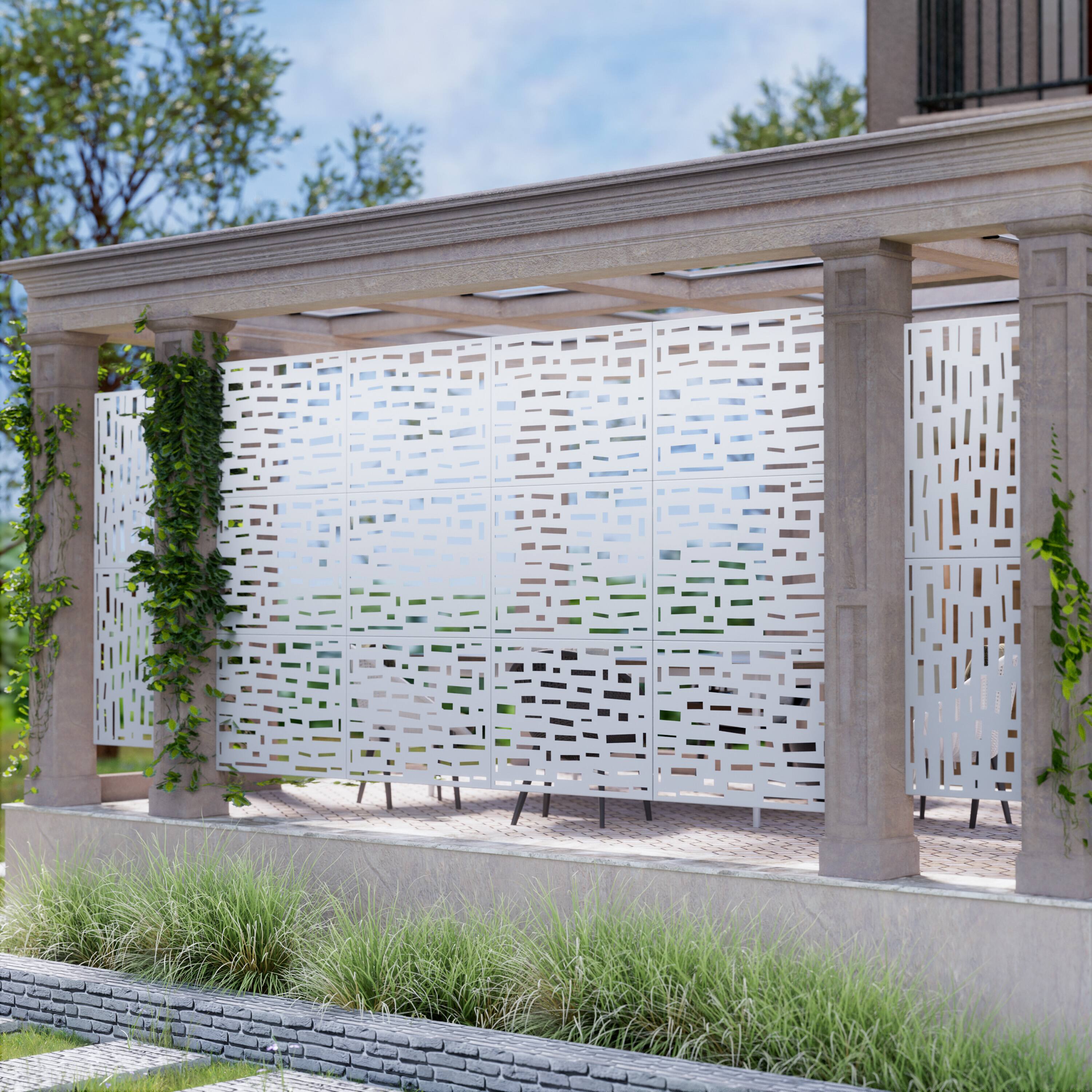 Alt View 2. PexFix - 72 in. x 35 in. Gerald Pattern Metal Outdoor Privacy Screen & Panels, Freestanding Garden Divider Fence - White.