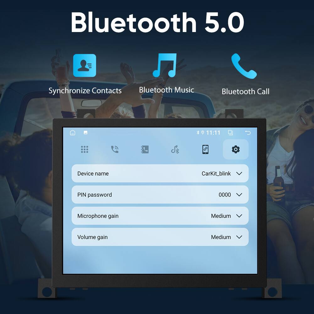 Bluetooth 5.0  
- Synchronize Contacts  
- Bluetooth Music  
- Bluetooth Call  

Device name: CarKit_blink  
PIN password: 0000  
Microphone gain: Medium  
Volume gain: Medium
