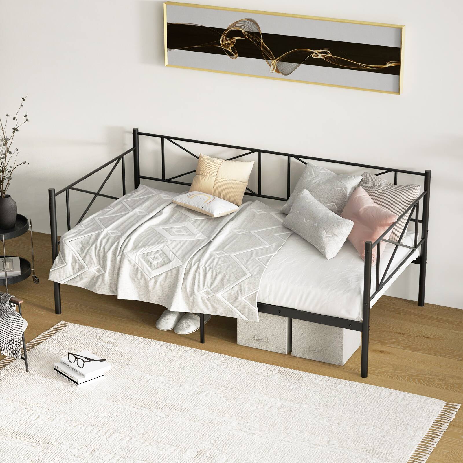 Alt View 1. Costway - Costway Twin Size Metal Daybed Frame Home Modern 2-in-1 Sofa Bed with Under-bed Storage & Railings - Black.