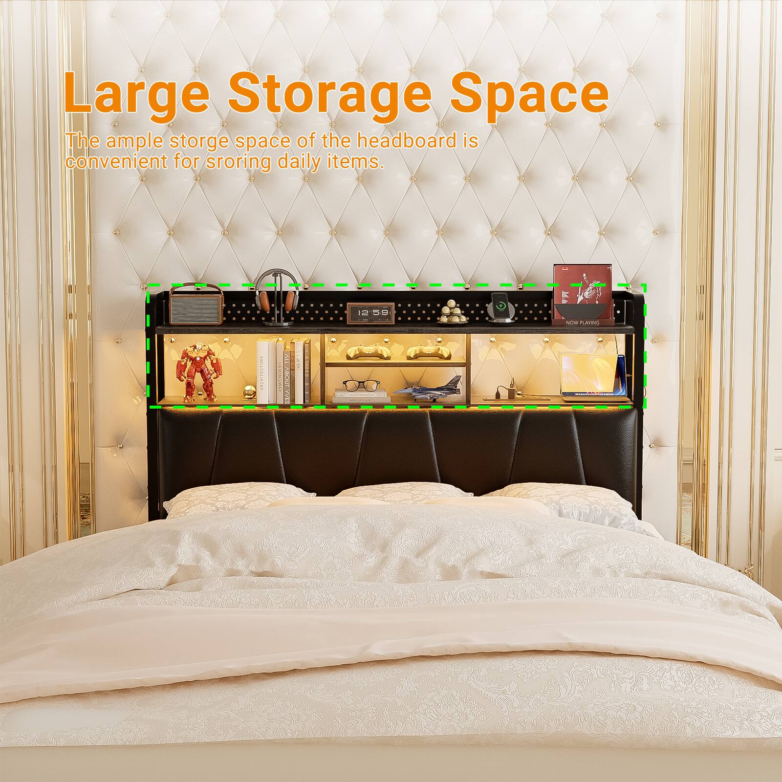 Large Storage Space  
The ample storage space of the headboard is convenient for storing daily items.