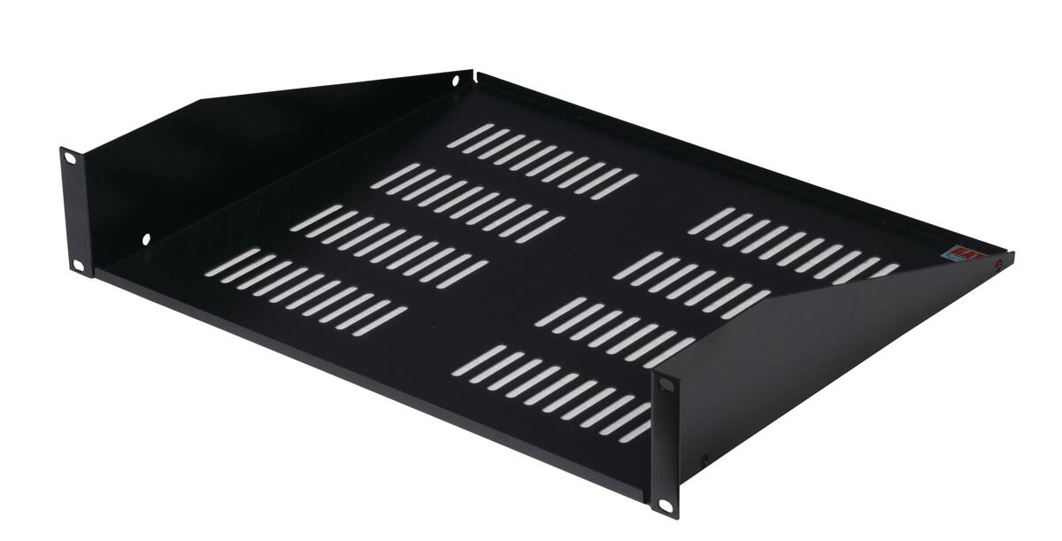 Front. Gator - Rackworks 2U 15-Inch Deep Vented Utility Shelf, 16-Gauge Steel with Rear Flange and Black Powder Finish for 19" Racks.