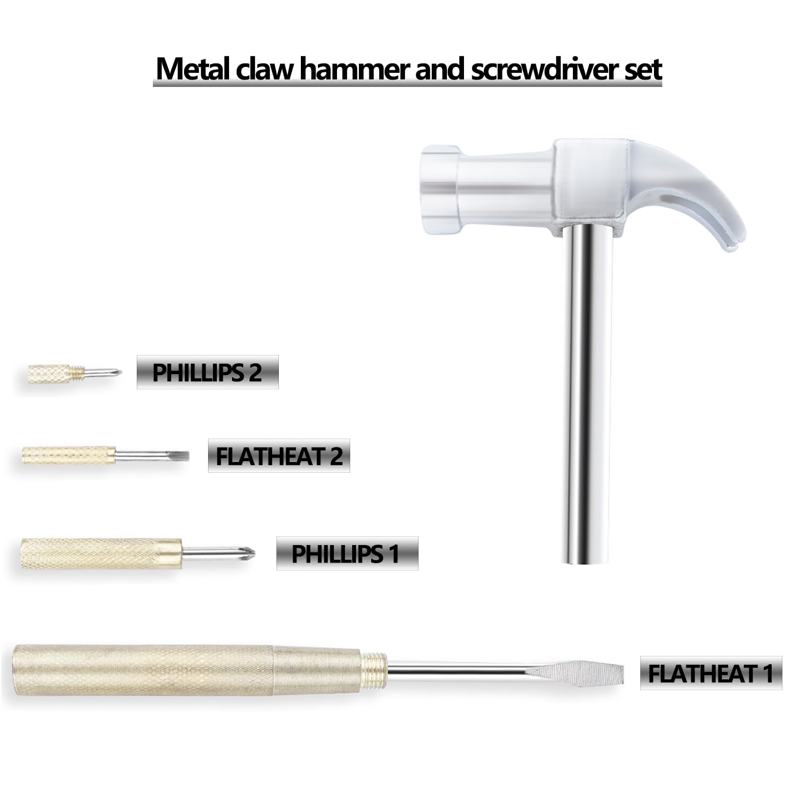 Metal claw hammer and screwdriver set

- PHILLIPS 2
- FLATHEAT 2
- PHILLIPS 1
- FLATHEAT 1