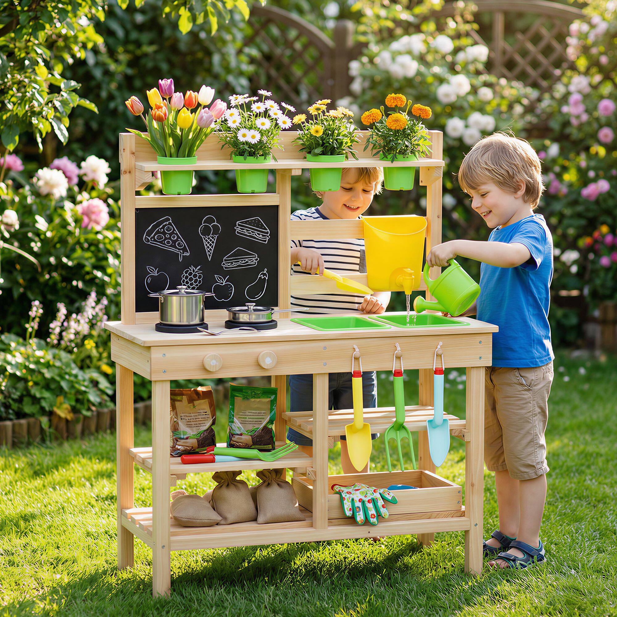 Alt View 1. Qaba - Mud Kitchen, Outdoor Wooden Play Kitchen with Kitchenware & Garden Tools - Natural Wood.