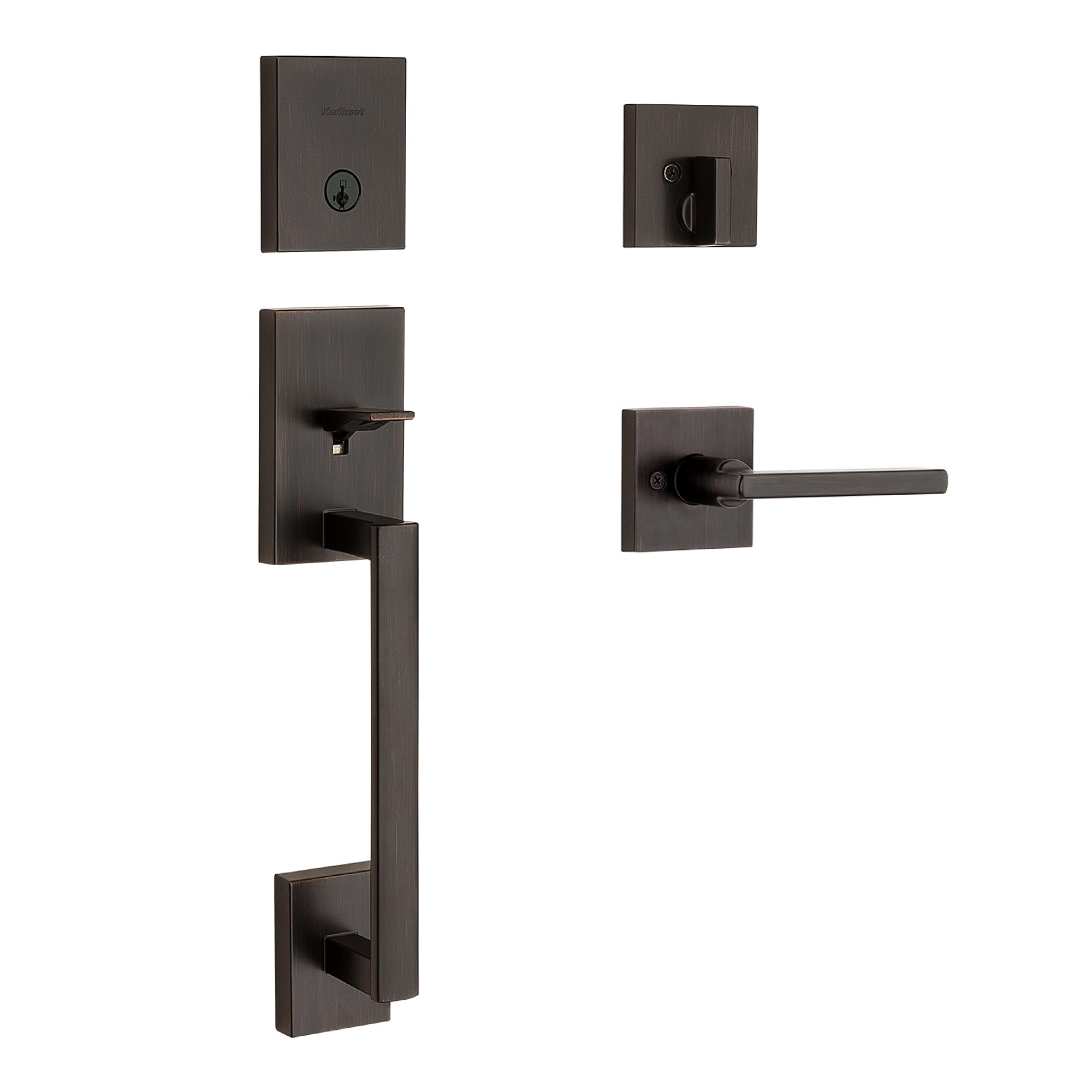 Front. Kwikset - Kwikset San Clemente Front Door Lock Handle and Deadbolt Set, Entry Handleset Exterior with Interior Reversible Lever, V - Venetian Bronze.