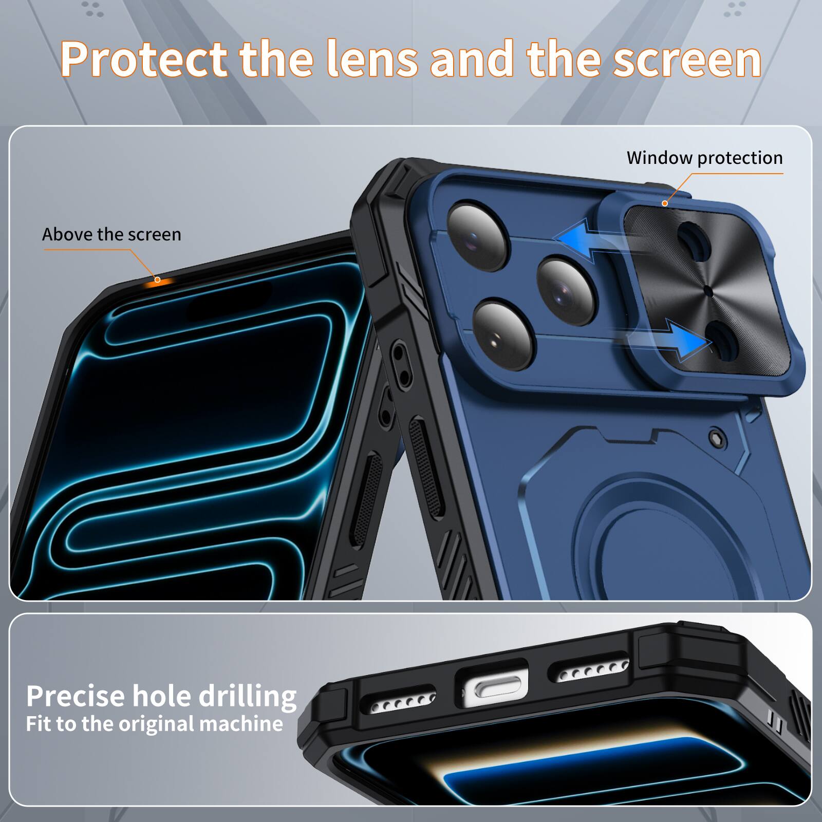 Protect the lens and the screen

Window protection

Above the screen

Precise hole drilling

Fit to the original machine