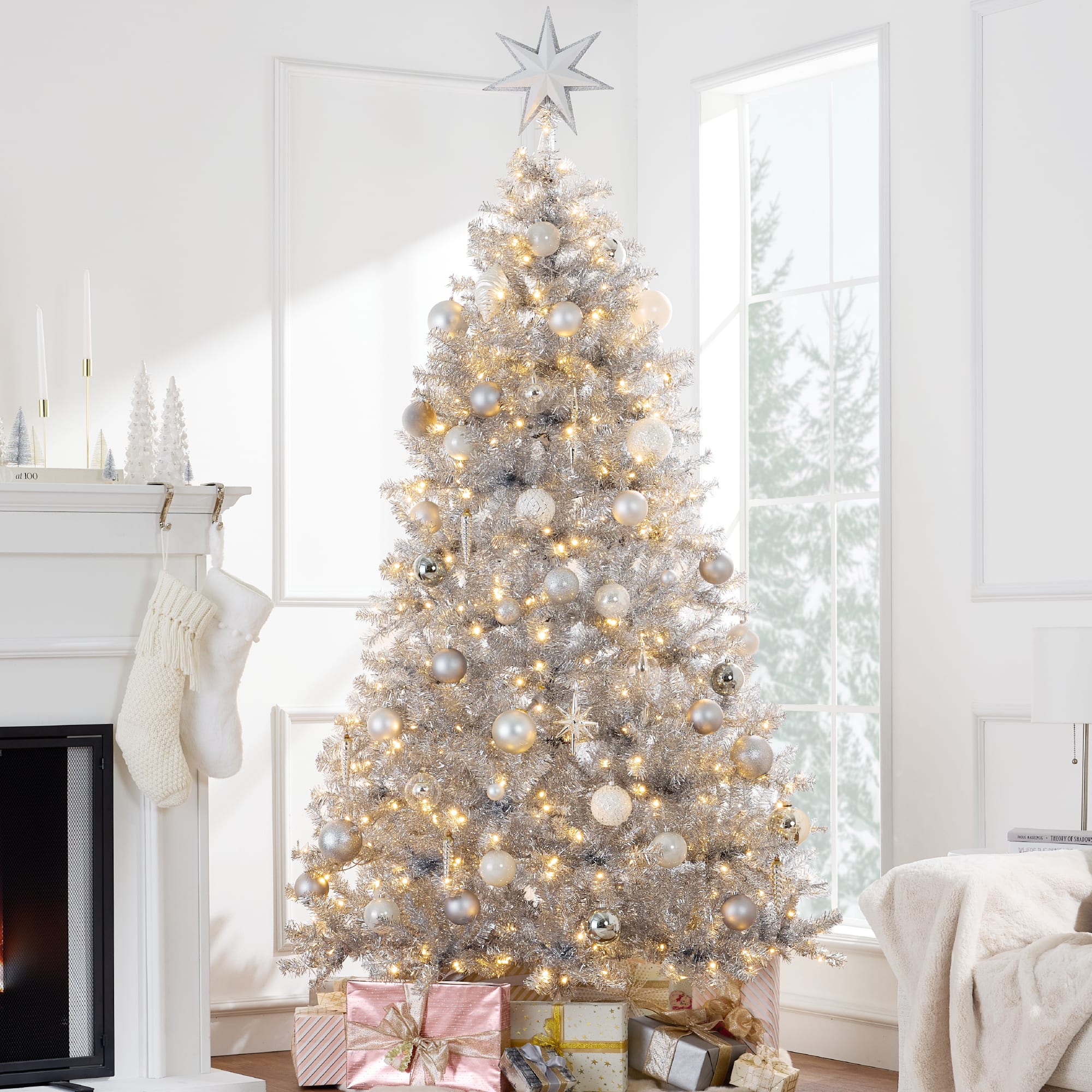 Best Choice Products - Prelit 7.5ft Artificial Tinsel Christmas Tree Festive Holiday Decoration w/ 1,350 Tips - Silver