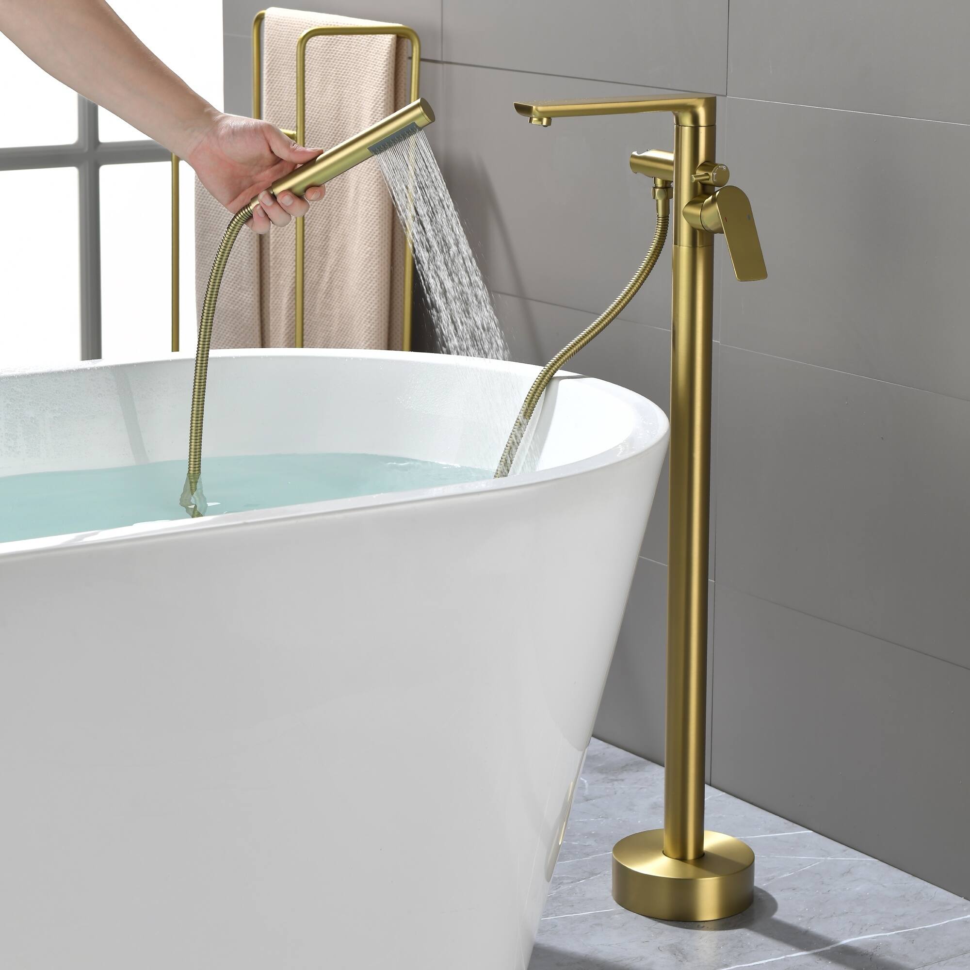 Alt View 3. Boyel Living - Brushed Gold Freestanding Bathtub Faucet Solid Brass Single Handle 360° Swivel 60-Inch Hose cUPC Certified - Brushed Gold.