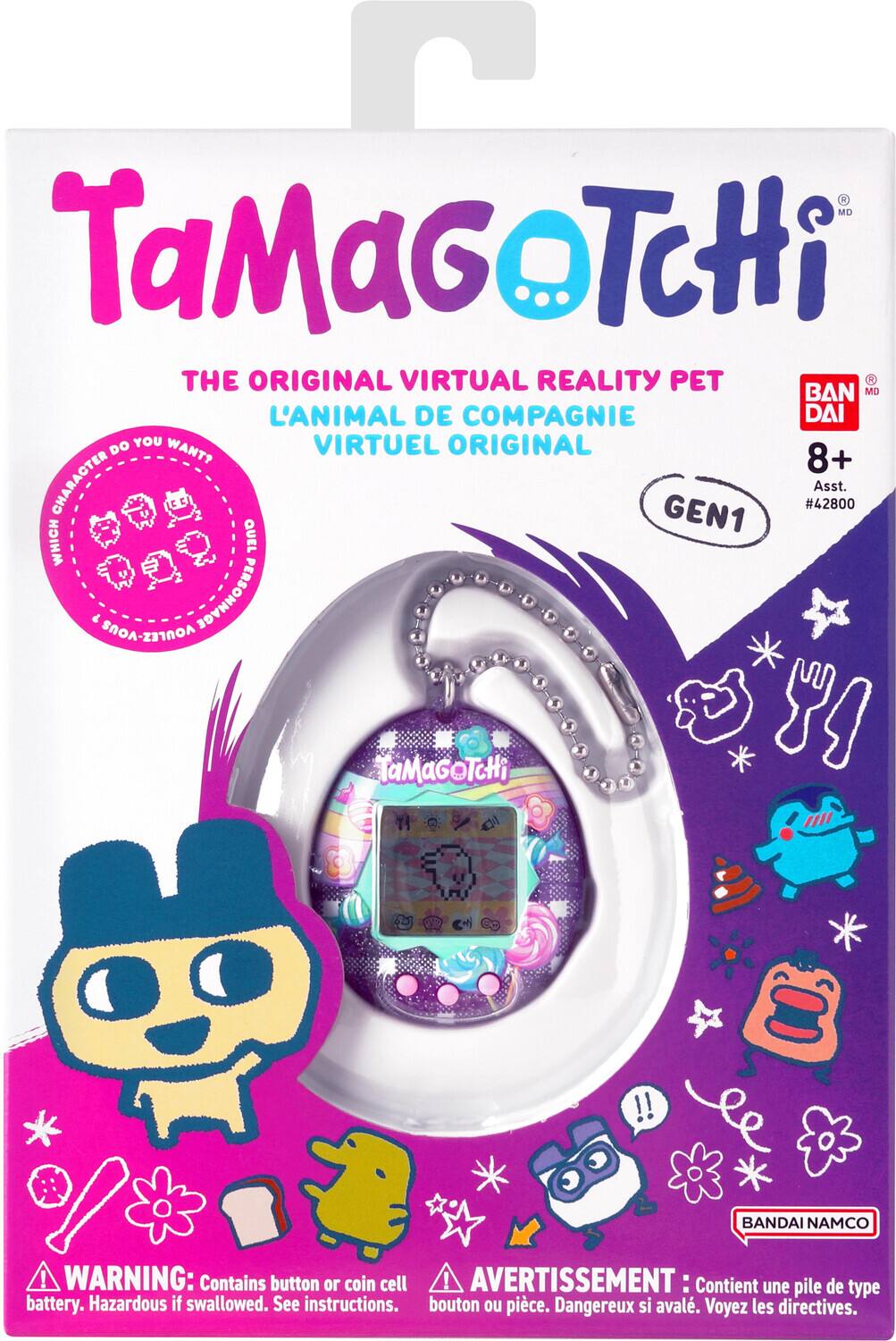 TaMaGoTcHi  
THE ORIGINAL VIRTUAL REALITY PET  
L'ANIMAL DE COMPAGNIE VIRTUEL ORIGINAL  

DO YOU WANT?  
QUEL PERSONNAGE SOOA-ZITROA  

GEN1  
#42800  

BANDAI NAMCO  

WARNING: Contains button or coin cell battery. Hazardous if swallowed. See instructions.  
AVERTISSEMENT : Contient une pile de type bouton ou pièce. Dangereux si avalé. Voyez les directives.