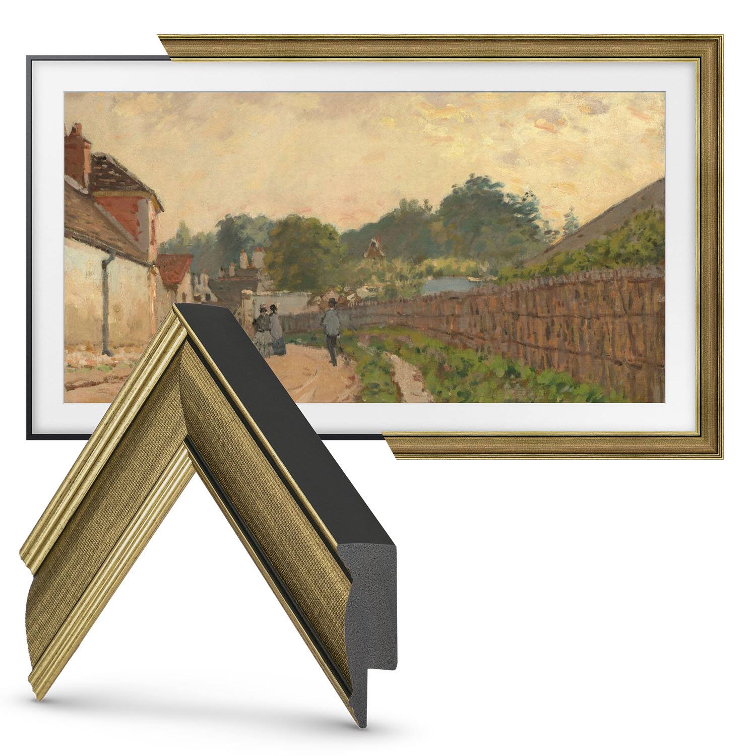 Left. Deco TV Frames - 50" Slim Bezel for Samsung The Frame TV - Industrial Brass.