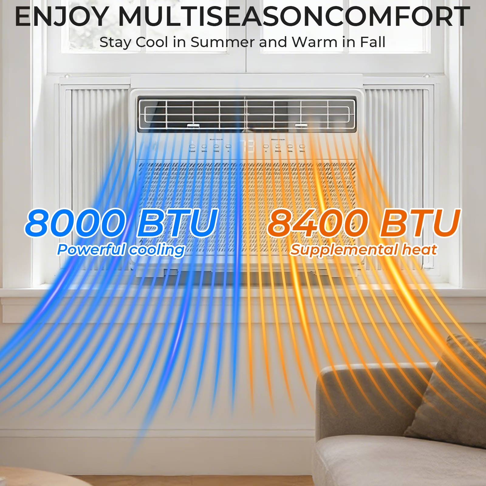 ENJOY MULTISEASON COMFORT  
Stay Cool in Summer and Warm in Fall  

8000 BTU  
Powerful cooling  

8400 BTU  
Supplemental heat