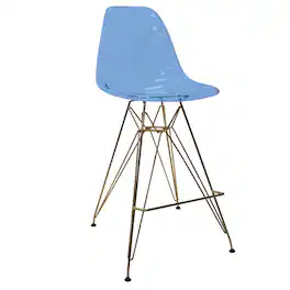 LeisureMod - Cresco Modern Acrylic Barstool, Clear Swivel Counter Height Stool with Gold Chrome Base Footrest - Transparent Blue