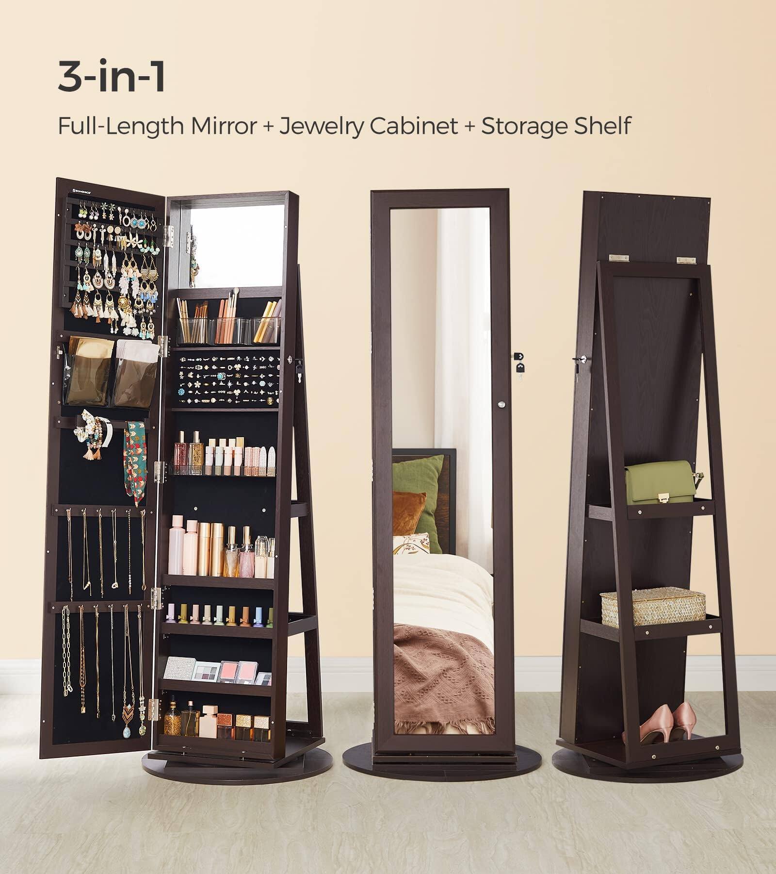 3-in-1  
Full-Length Mirror + Jewelry Cabinet + Storage Shelf