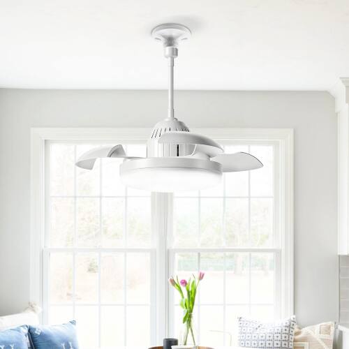 Front. LUCKY ONE - Small Bulb-Type Ceiling Fan with Light Remote Retractable Blades - White.