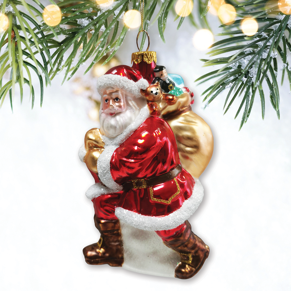 Left. OrnamentallyYou - Holly Jolly Santa Claus with Gift Bag and Toys Blown Glass Christmas Ornament - Multi-colored.