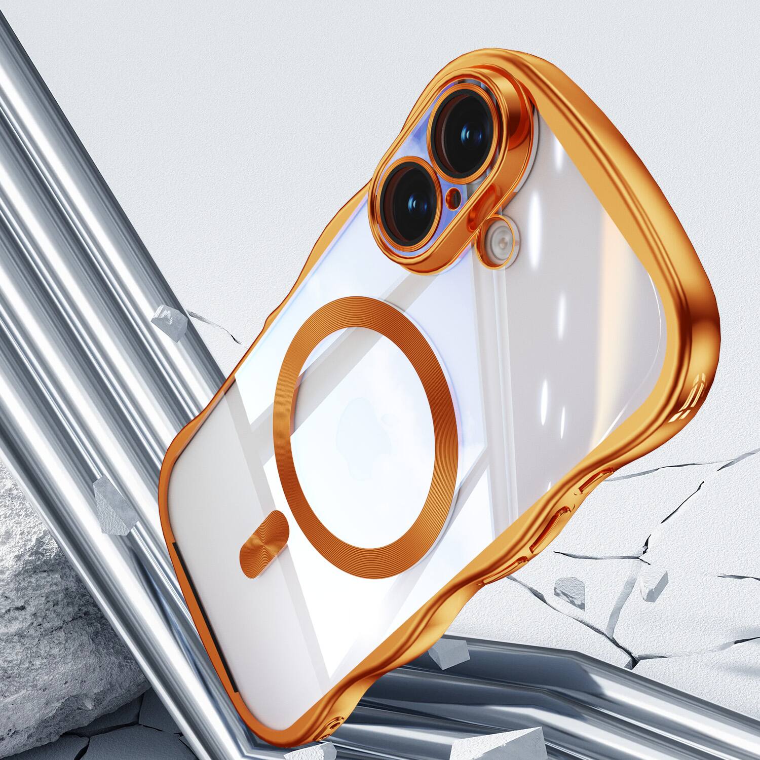 Back. Dteck - Magnetic Case For iPhone 17 With Built-in Lens Protector Shockproof Plating Curly Wavy Frame Clear Back Cover - Orange.