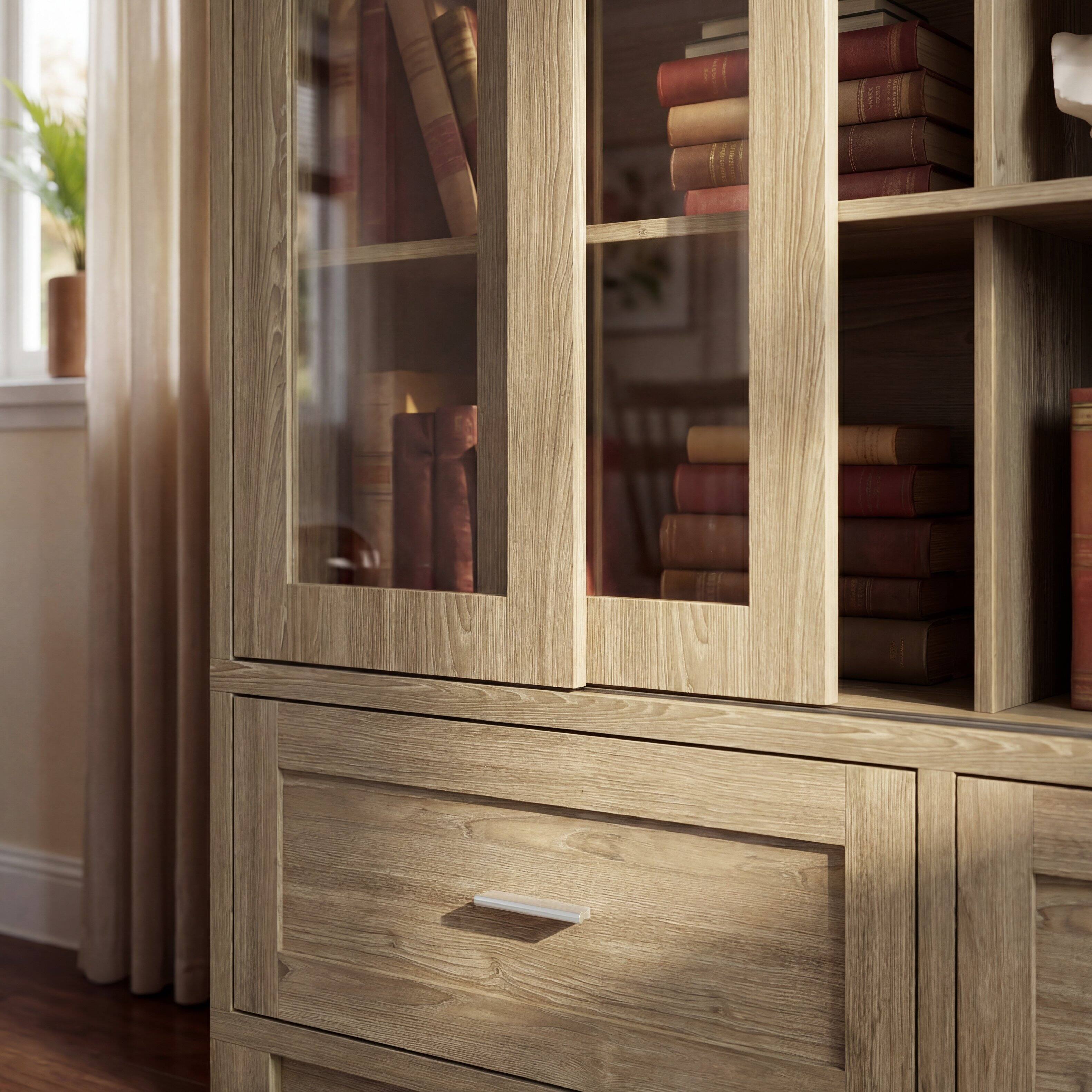 Alt View 5. Famapy - Glass Door Display Bookcase, Wood Grain Storage Cabinet with Fixed Shelves.