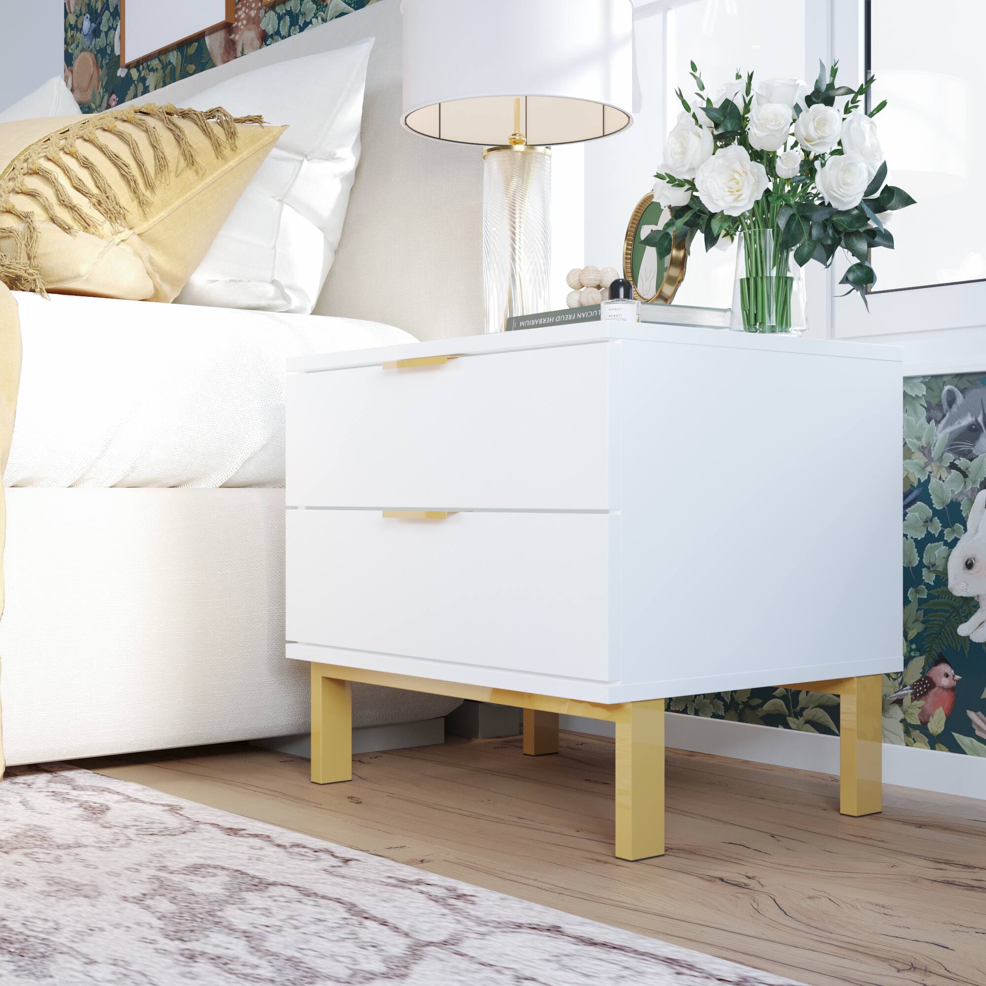 Alt View 8. FUFU & GAGA - FUFU&GAGA 2 - Drawer Nightstand with Gold Accents: Stylish Bedside Storage - White.