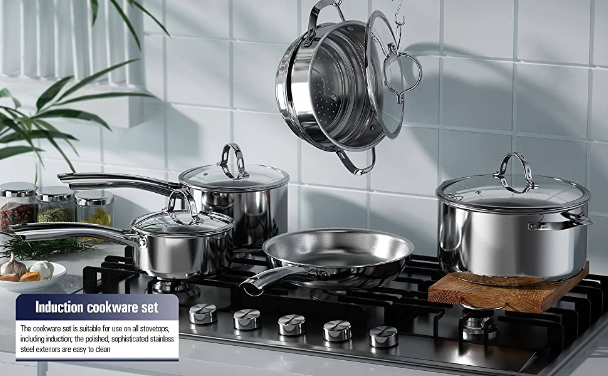 Induction cookware set

The cookware set is suitable for use on all stovetops, including induction; the polished, sophisticated stainless steel exteriors are easy to clean