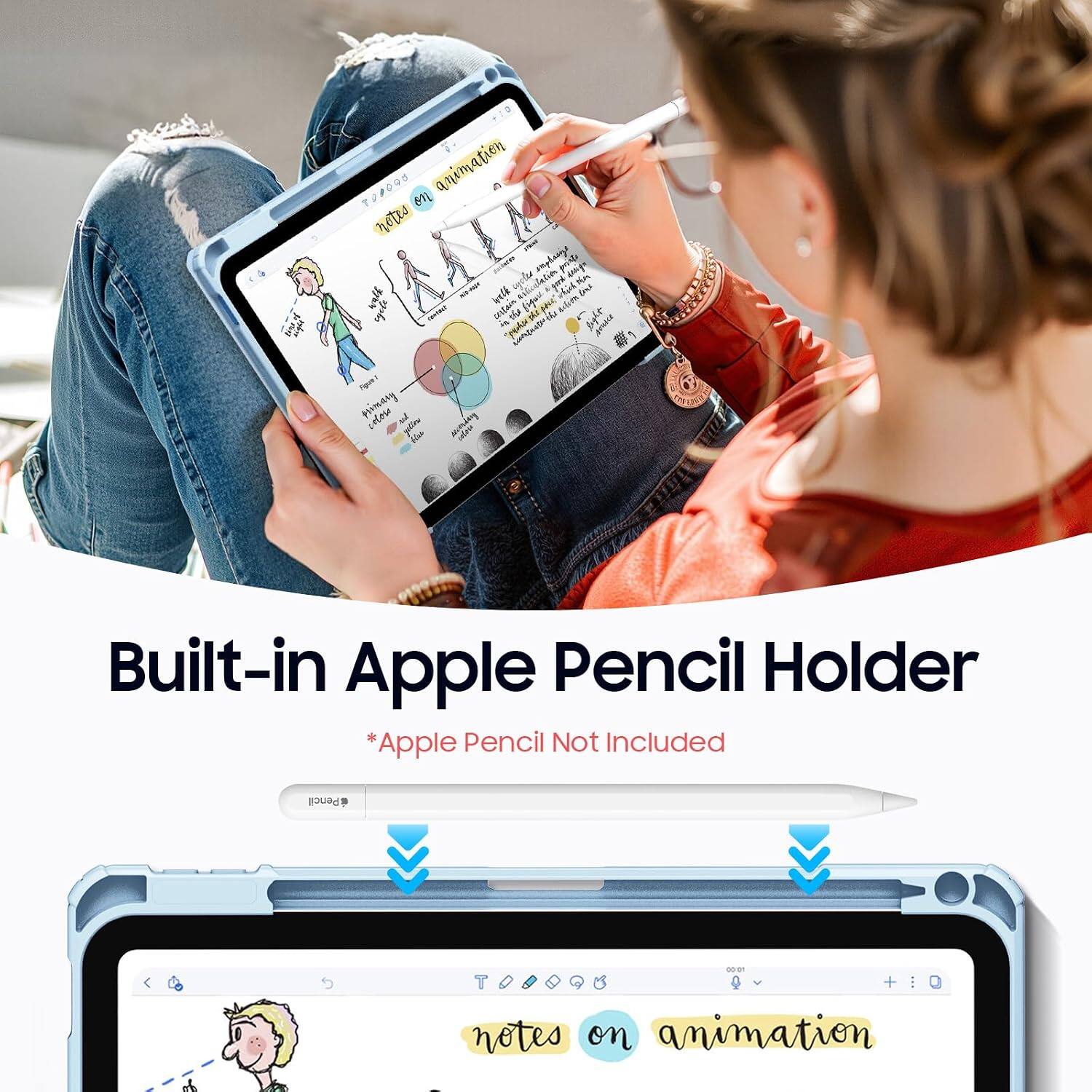 WAUA T2#005 animation 61L netrs UNE cUTe amplenge pi dige ailcolation god KA - welk Emi ingotane the Bigud p niom al Tys ctet R hom prinary coleie an pln He wcnkag Built-in Apple Pencil Holder *Apple Pencil Not Included Pencil + notes on animation